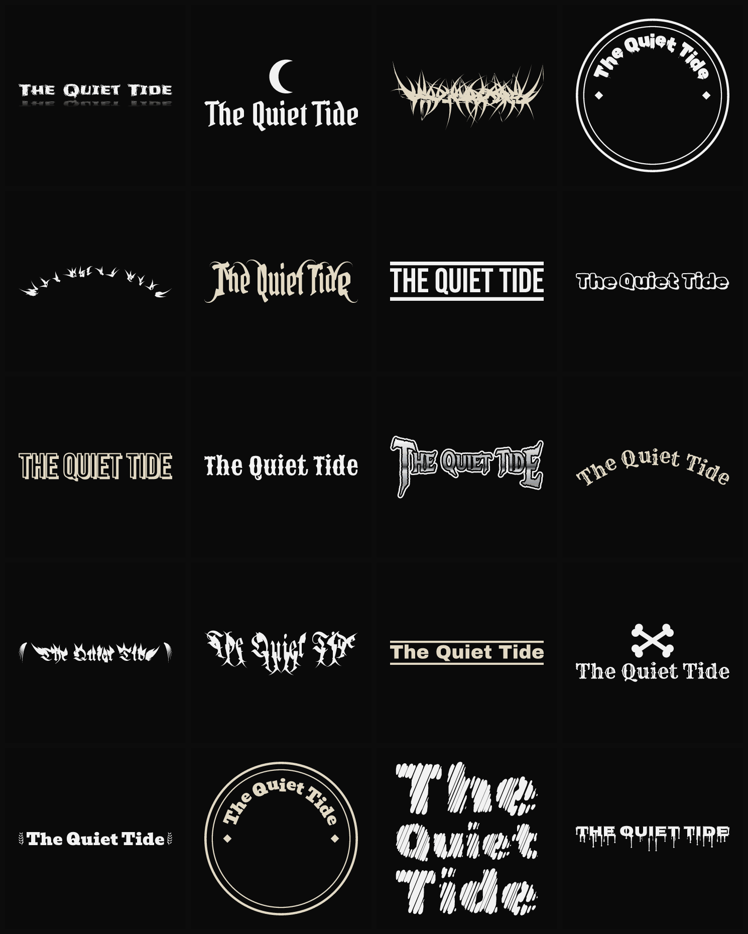 Twenty The Quiet Tide band logo ideas — different faces, treatments and spike settings