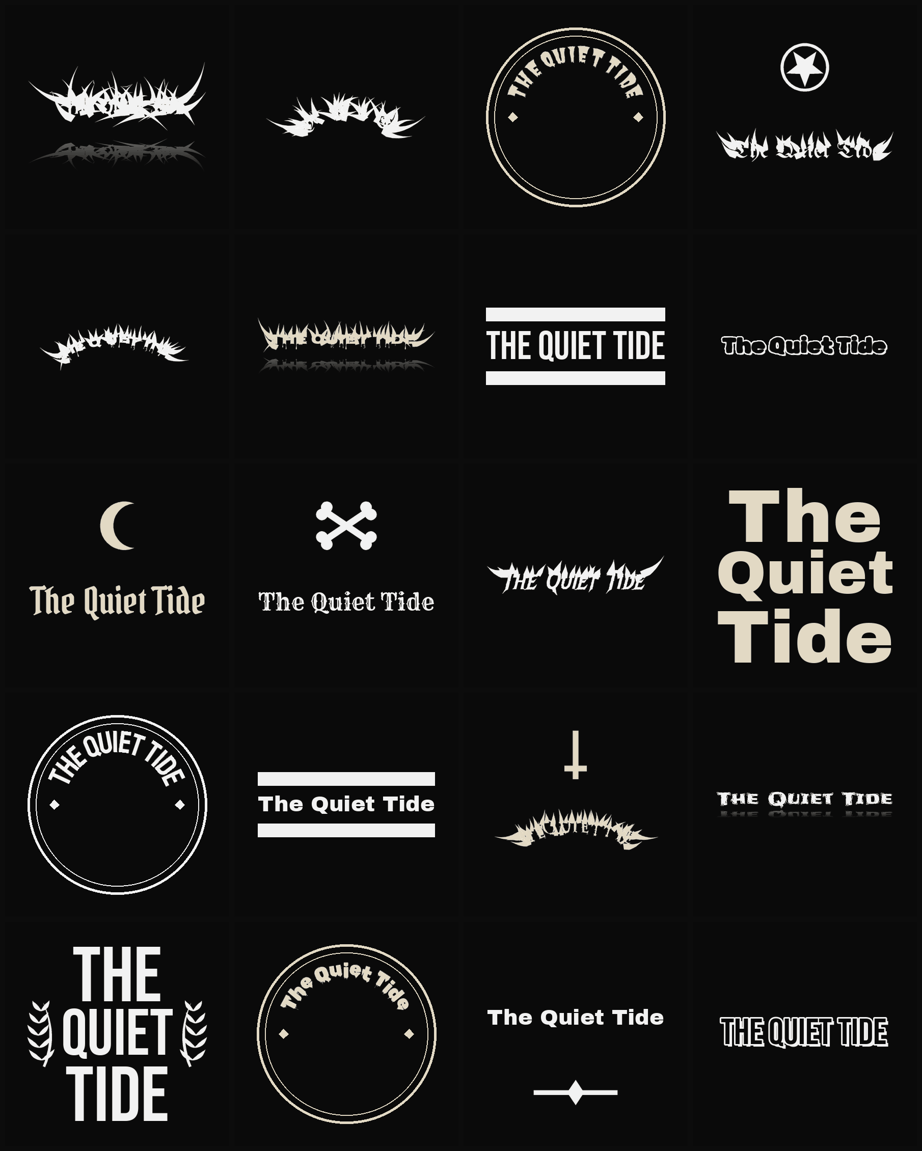 Twenty The Quiet Tide band logo ideas — different faces, treatments and spike settings