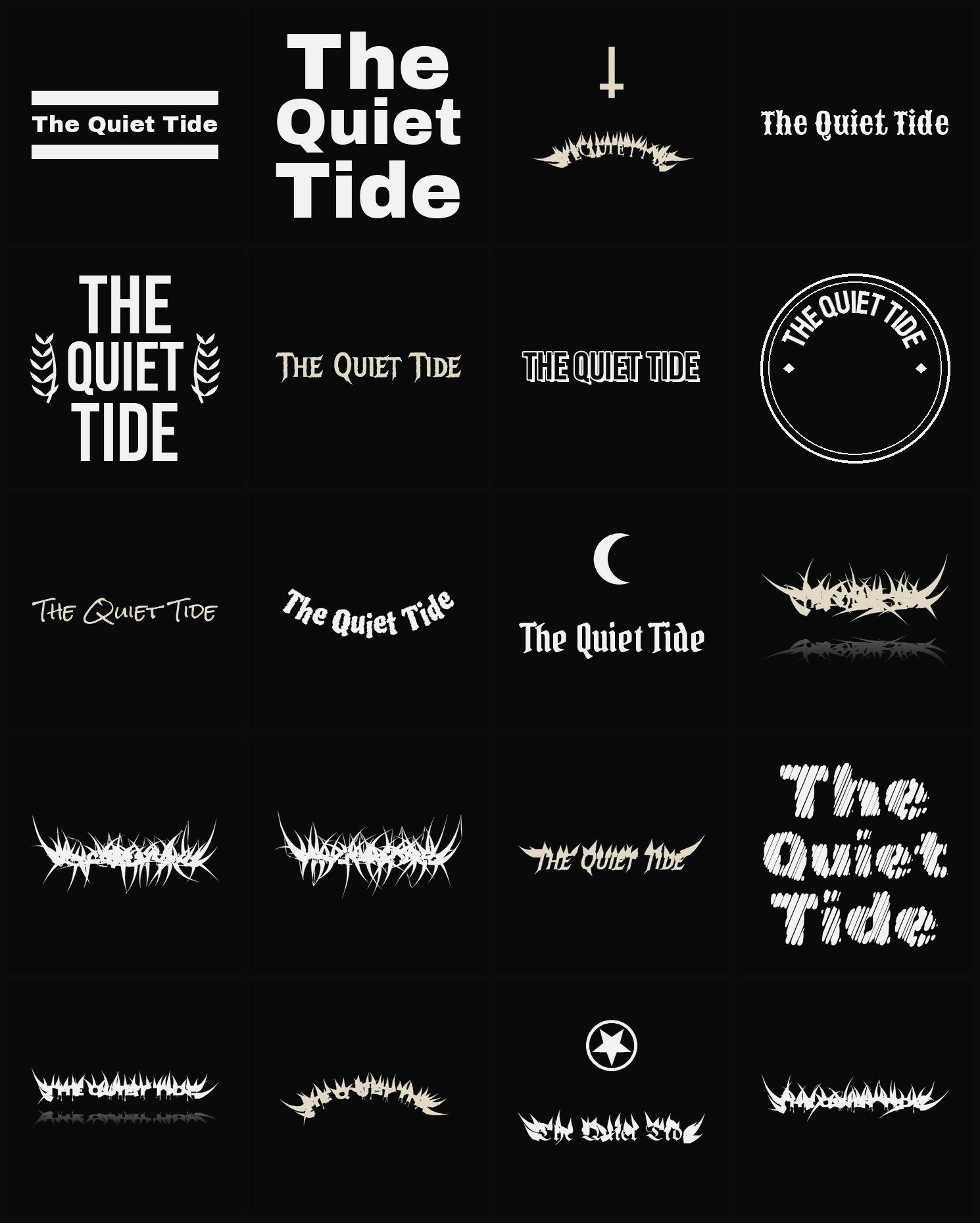 Twenty The Quiet Tide band logo ideas — different faces, treatments and spike settings