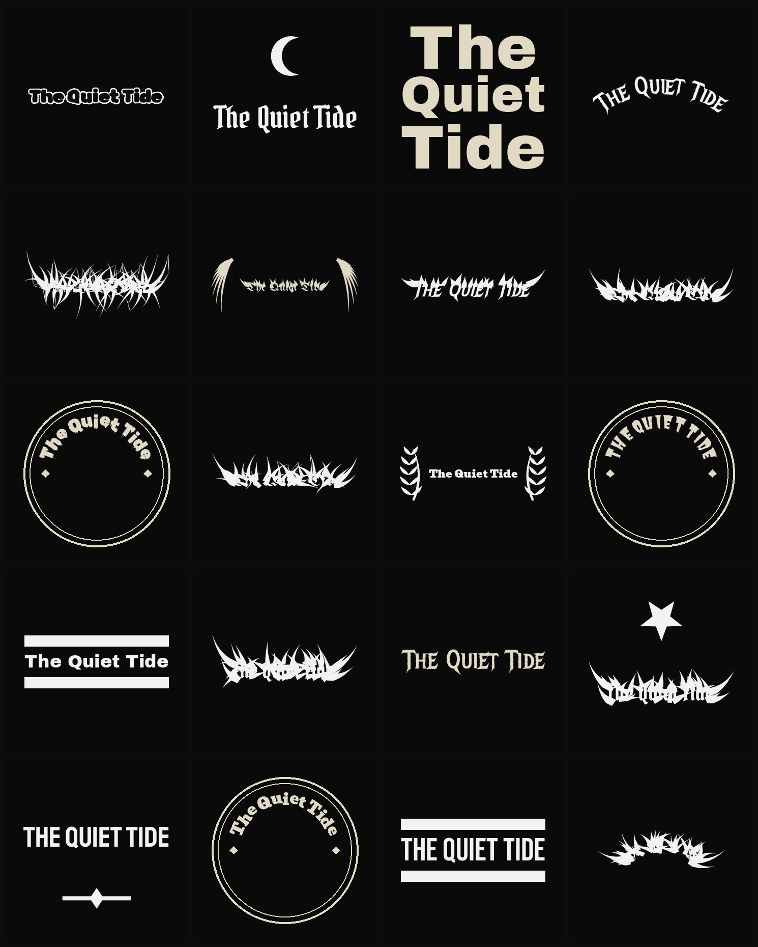 Twenty The Quiet Tide band logo ideas — different faces, treatments and spike settings