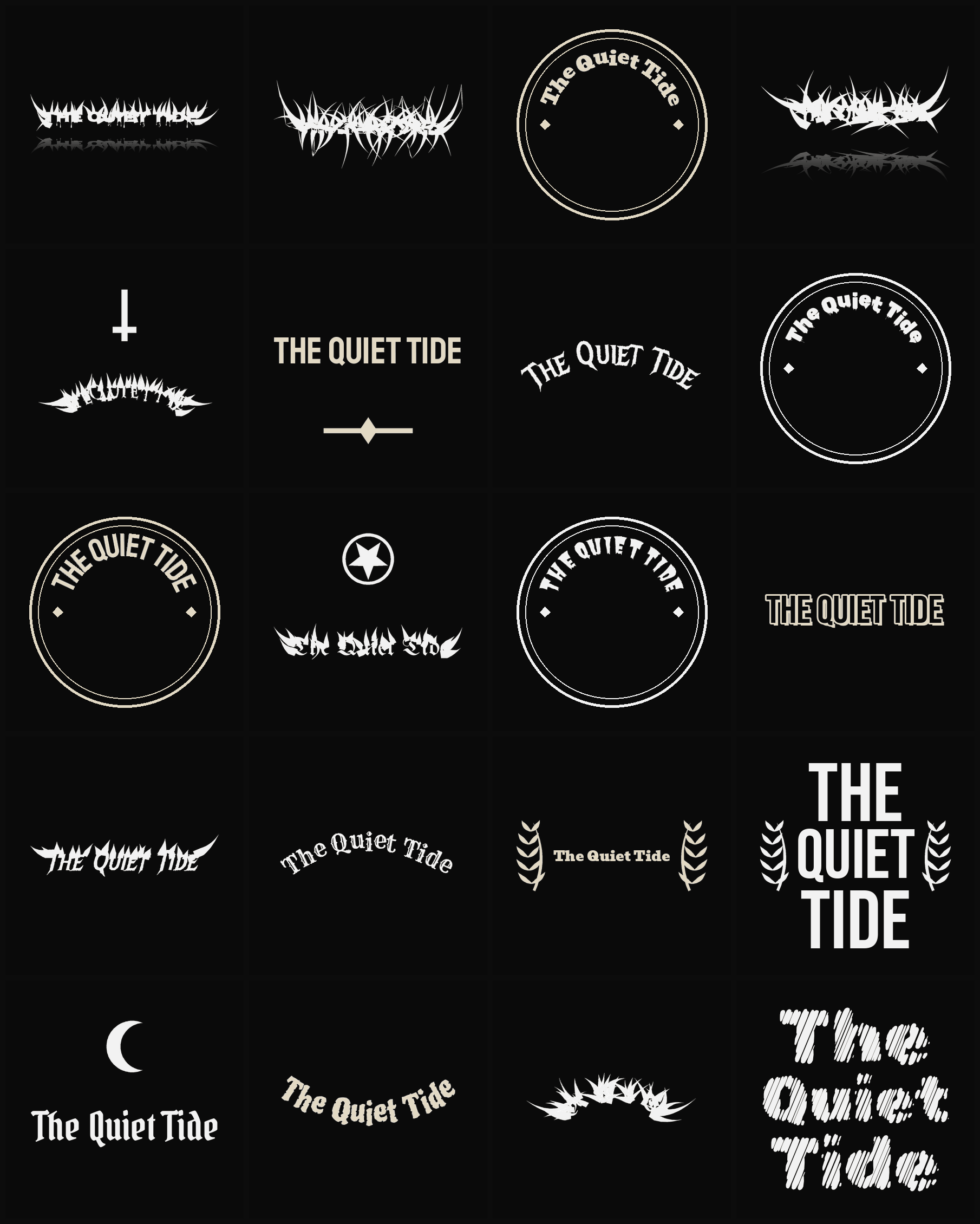 Twenty The Quiet Tide band logo ideas — different faces, treatments and spike settings