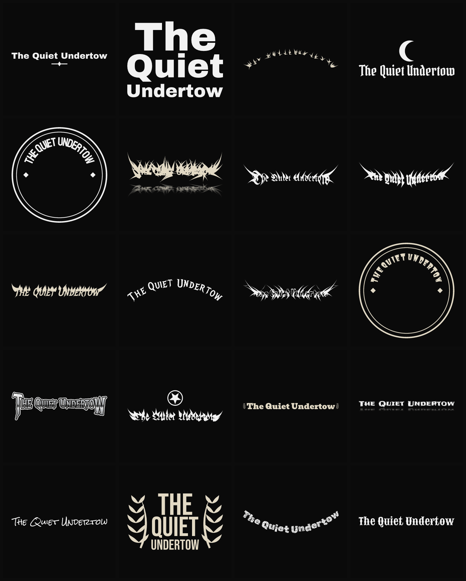 Twenty The Quiet Undertow band logo ideas — different faces, treatments and spike settings
