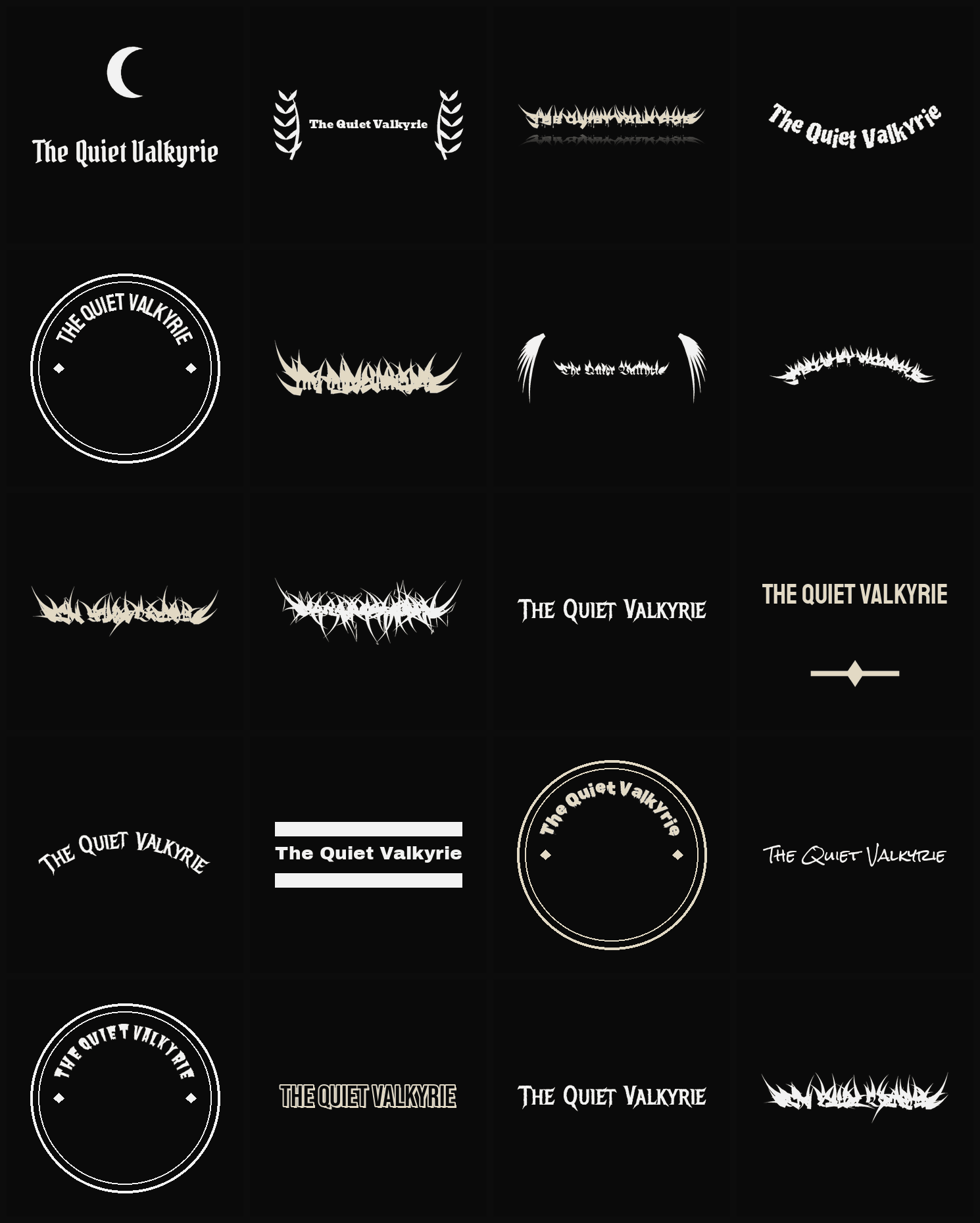 Twenty The Quiet Valkyrie band logo ideas — different faces, treatments and spike settings