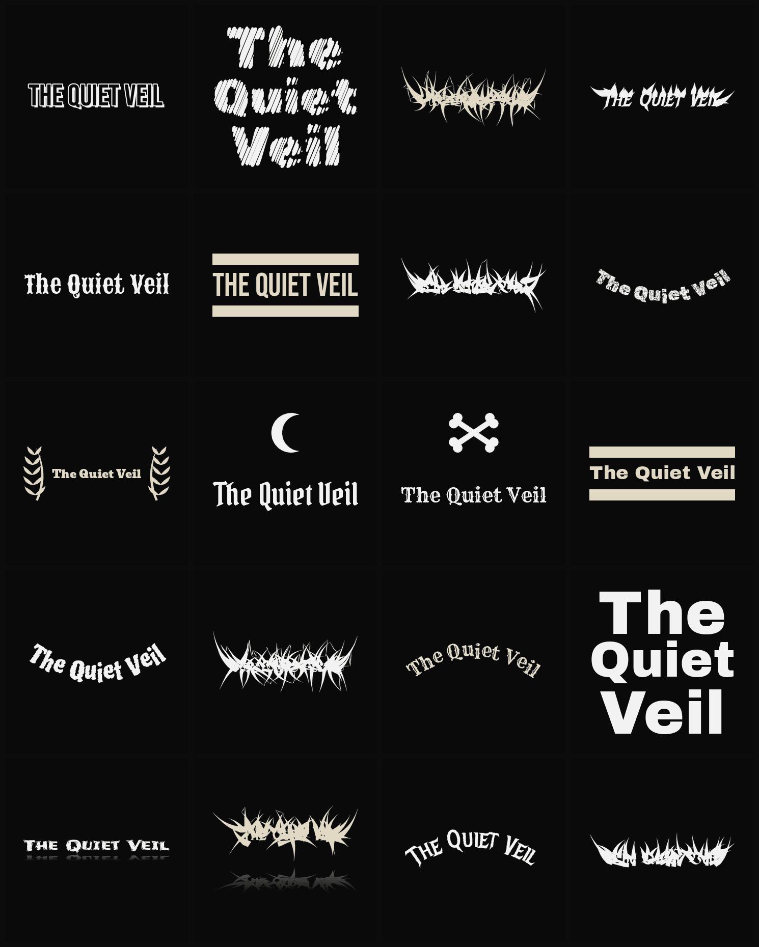 Twenty The Quiet Veil band logo ideas — different faces, treatments and spike settings