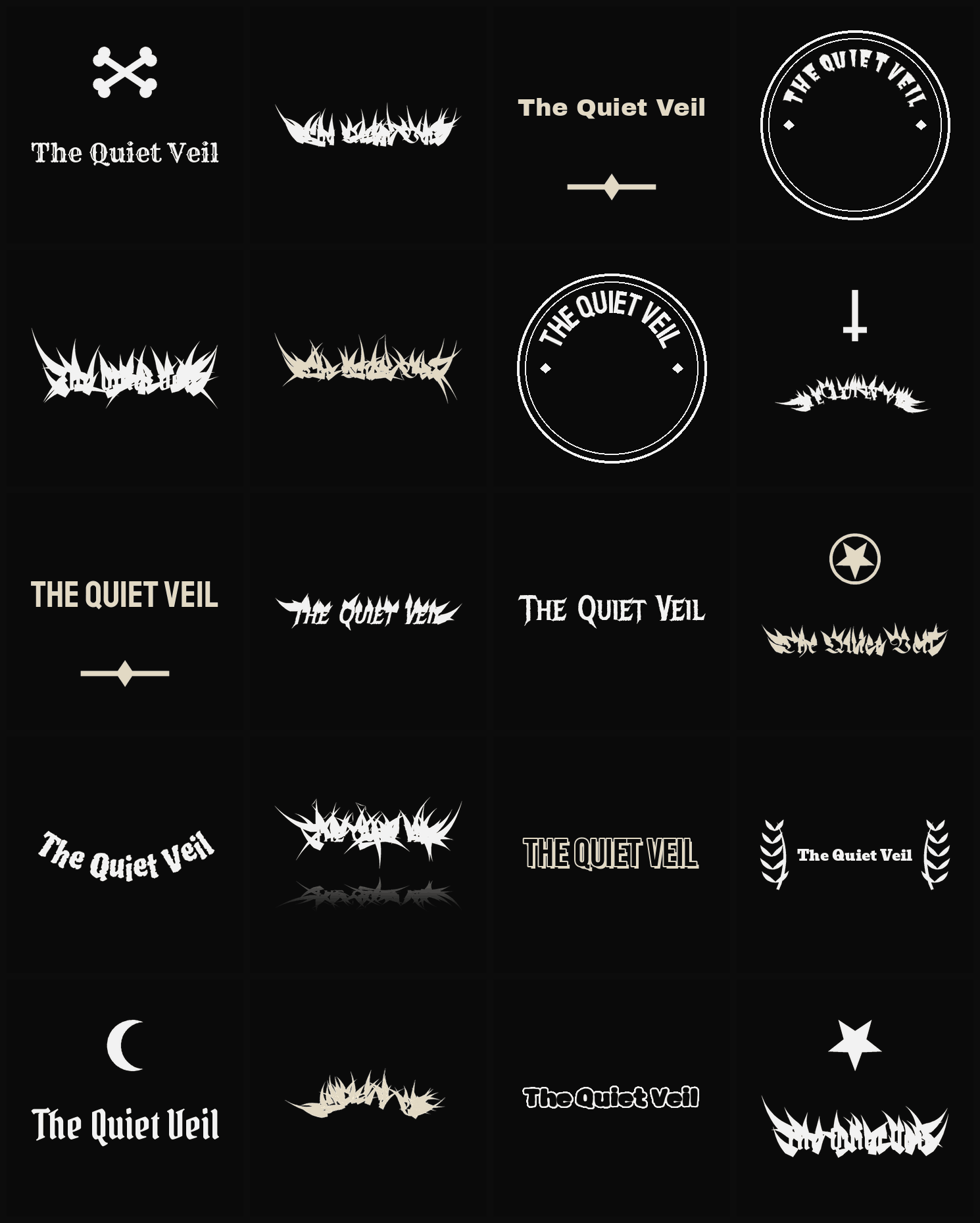 Twenty The Quiet Veil band logo ideas — different faces, treatments and spike settings