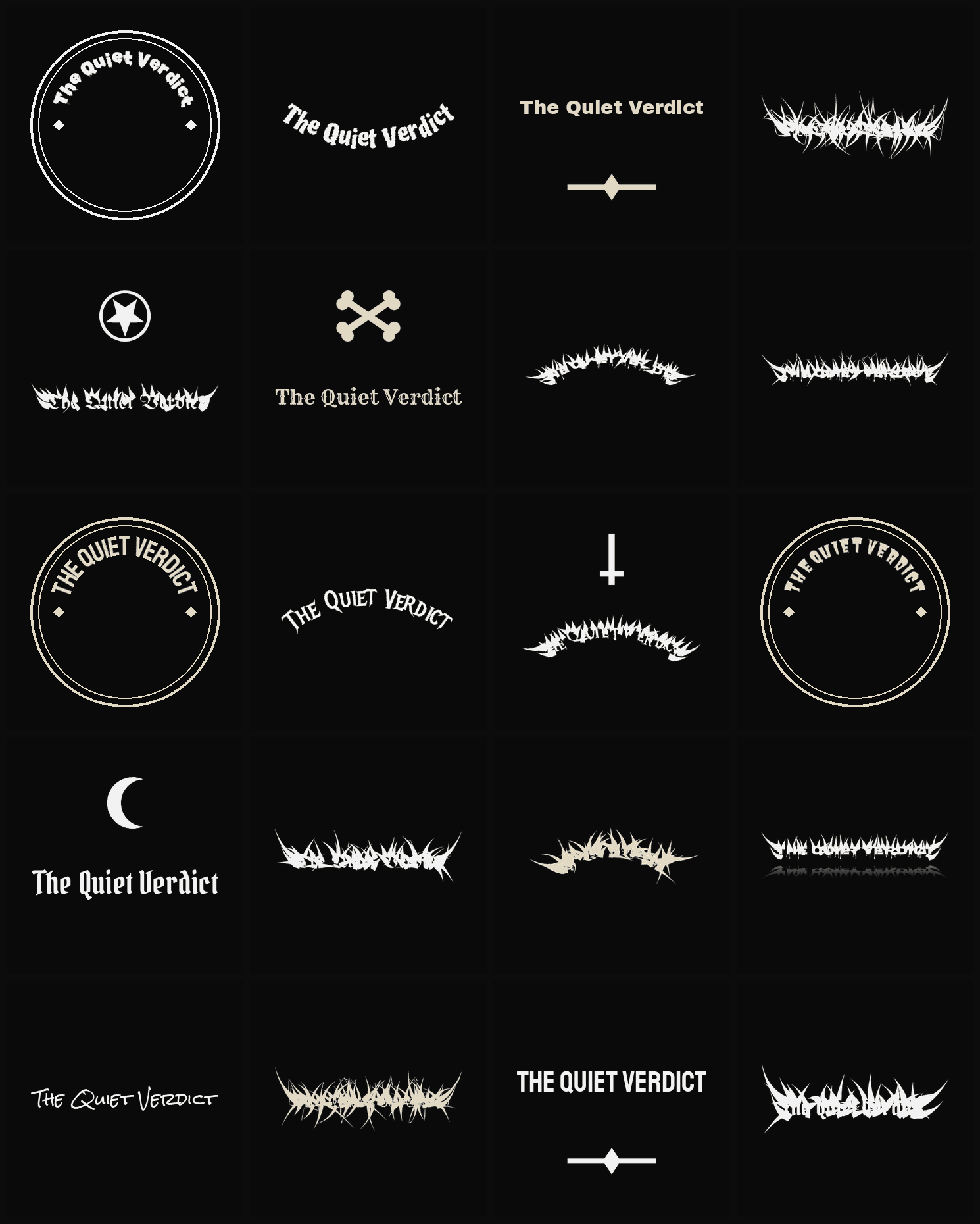 Twenty The Quiet Verdict band logo ideas — different faces, treatments and spike settings
