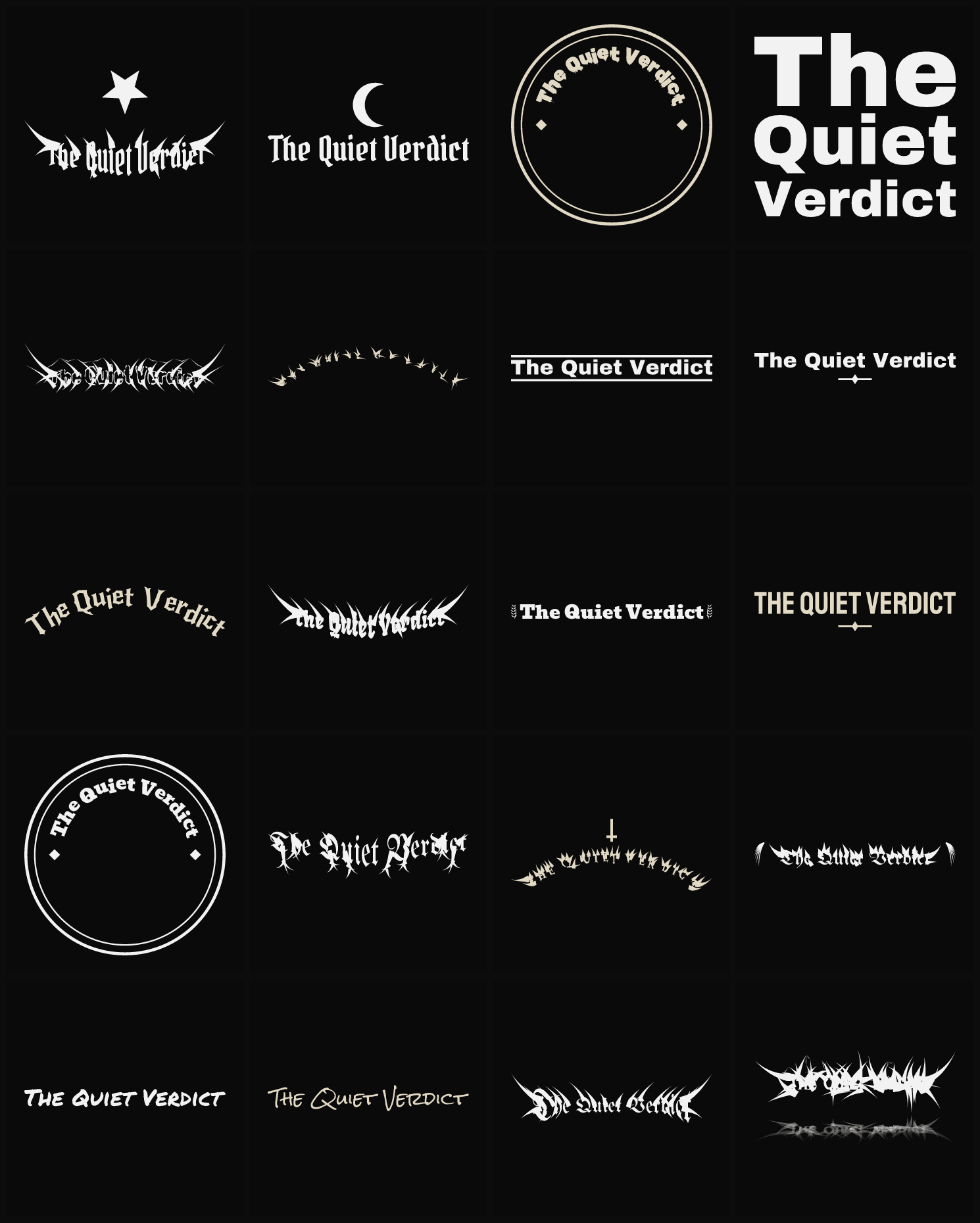 Twenty The Quiet Verdict band logo ideas — different faces, treatments and spike settings