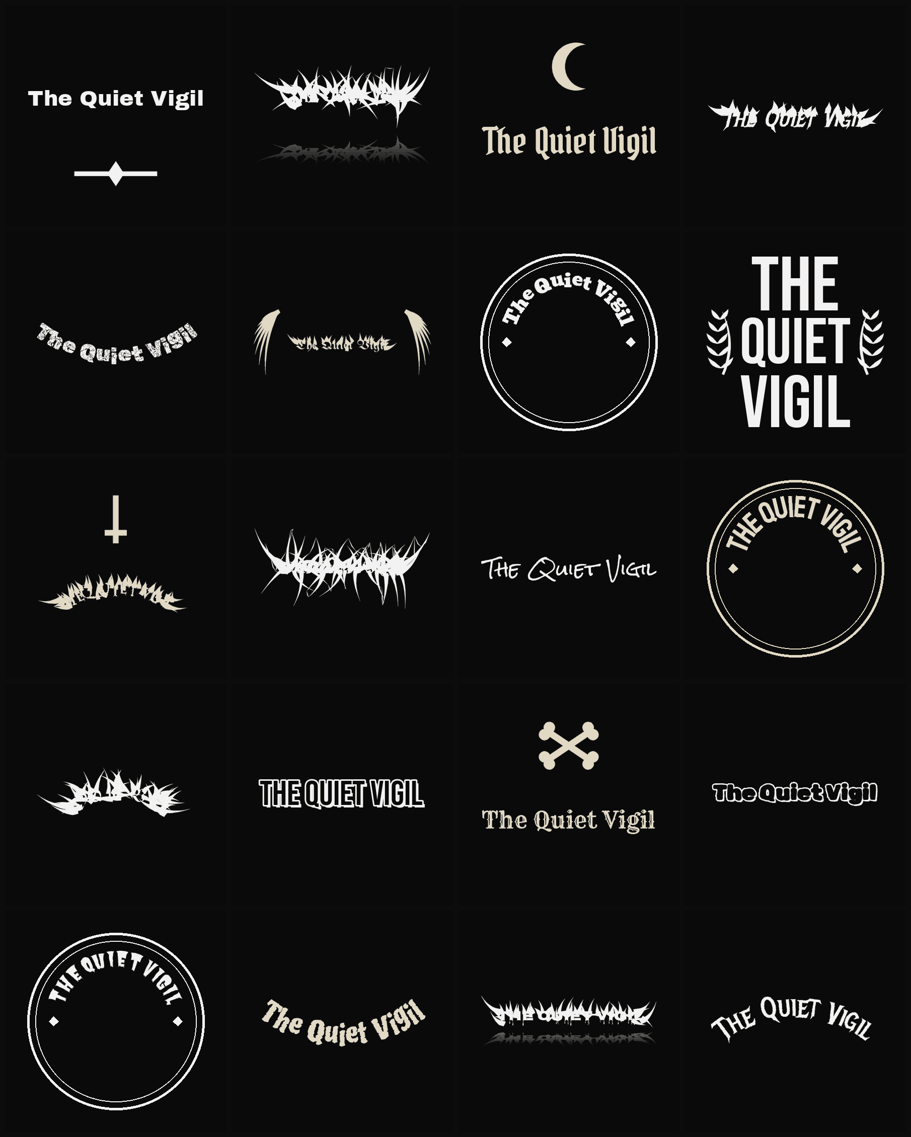 Twenty The Quiet Vigil band logo ideas — different faces, treatments and spike settings