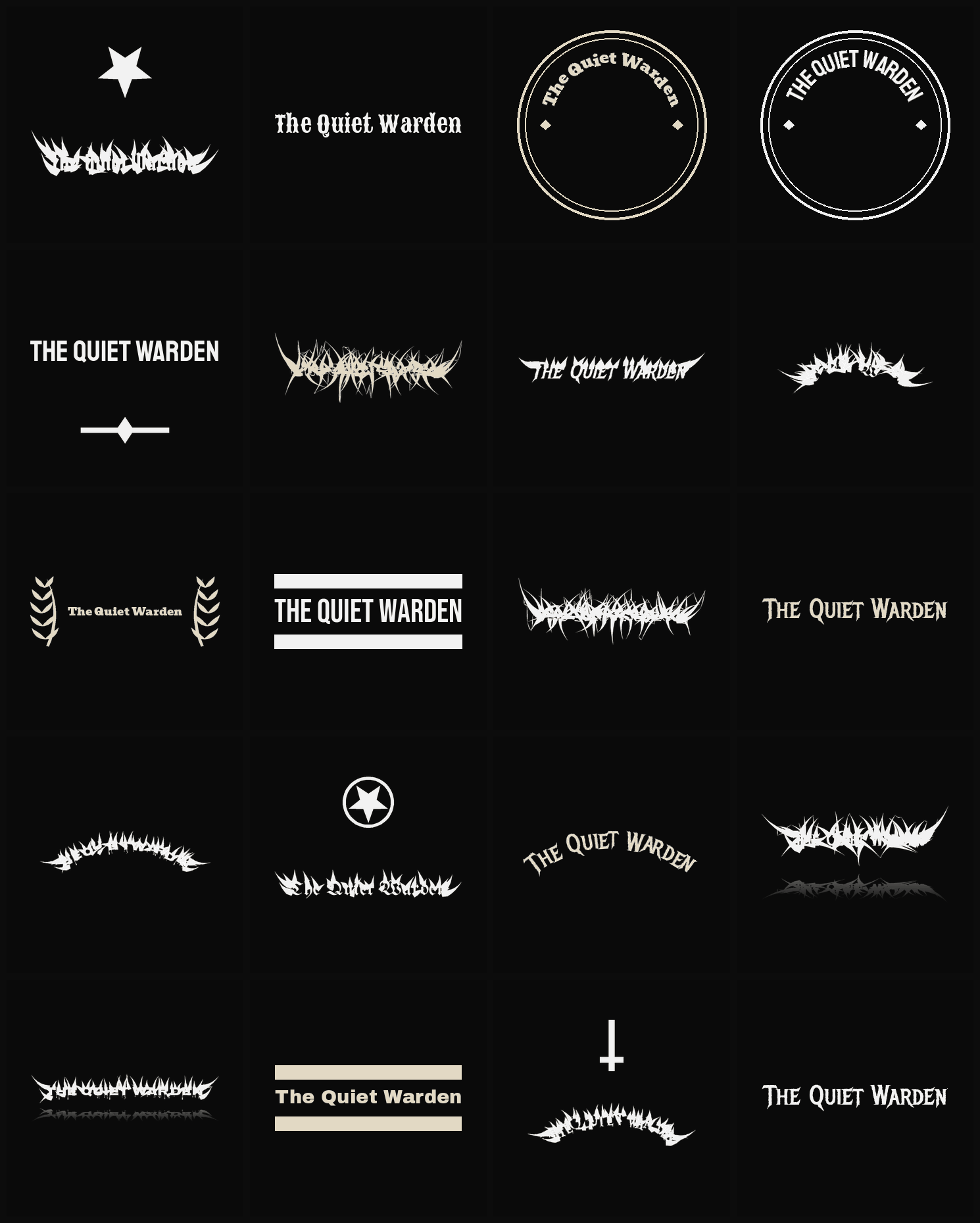 Twenty The Quiet Warden band logo ideas — different faces, treatments and spike settings