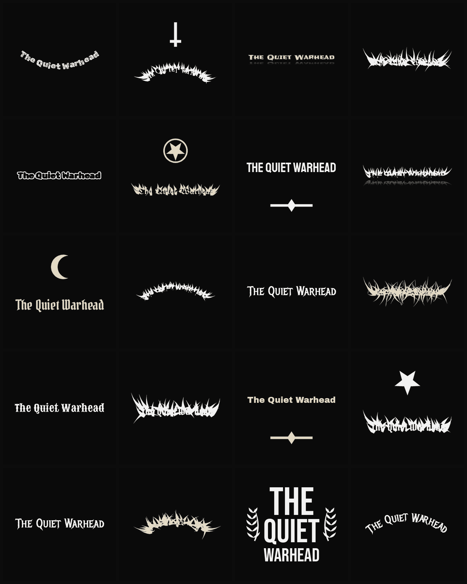 Twenty The Quiet Warhead band logo ideas — different faces, treatments and spike settings