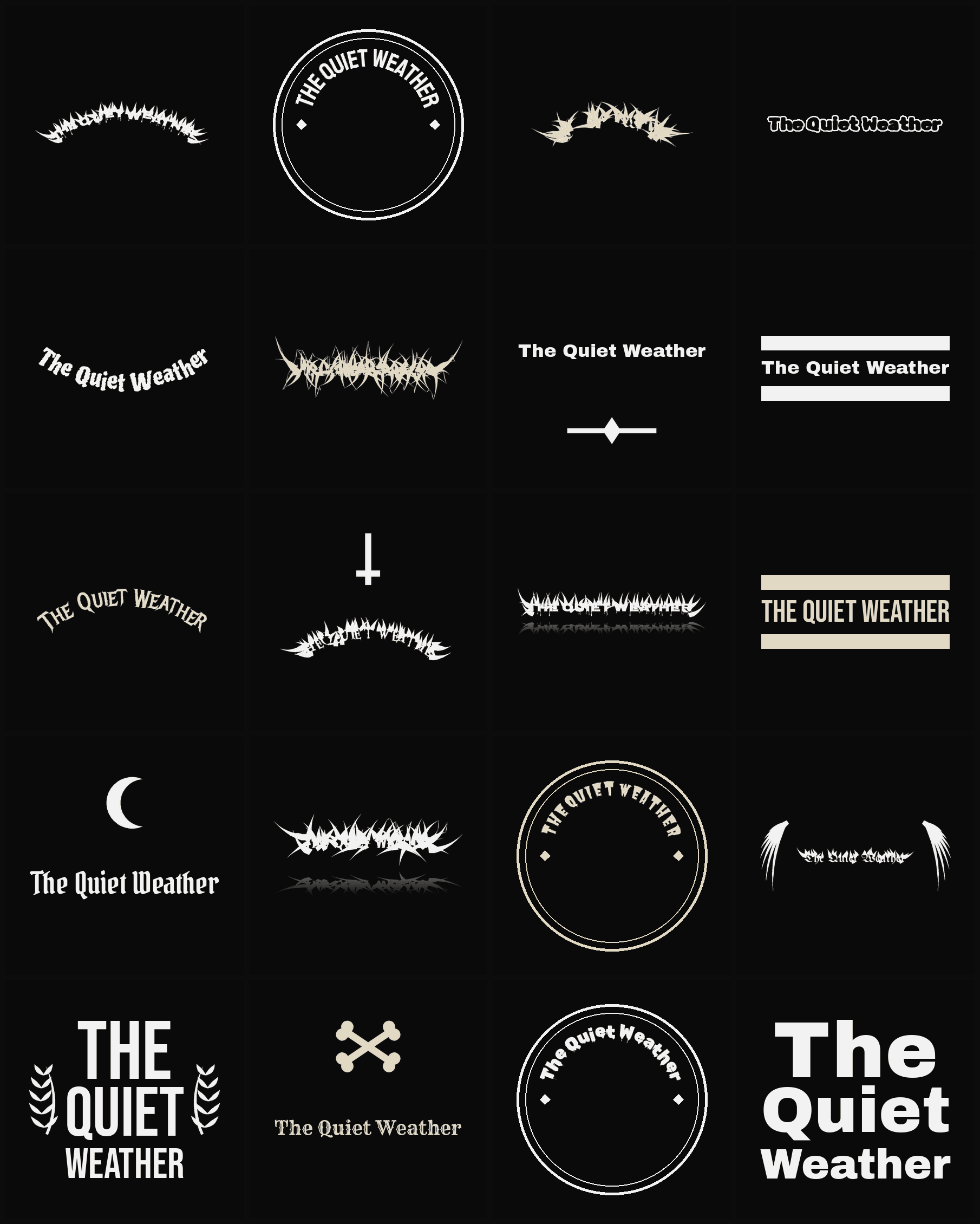 Twenty The Quiet Weather band logo ideas — different faces, treatments and spike settings