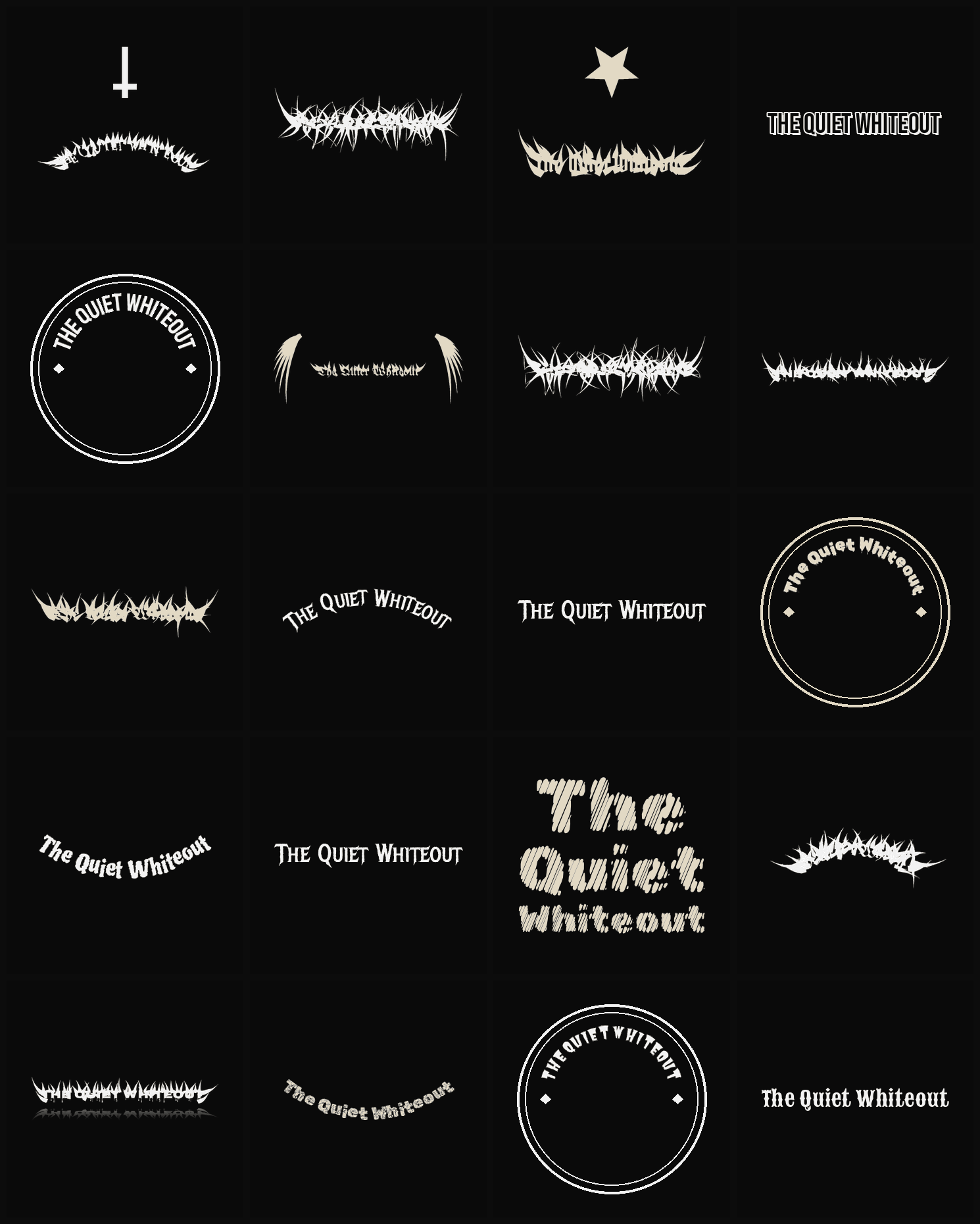 Twenty The Quiet Whiteout band logo ideas — different faces, treatments and spike settings