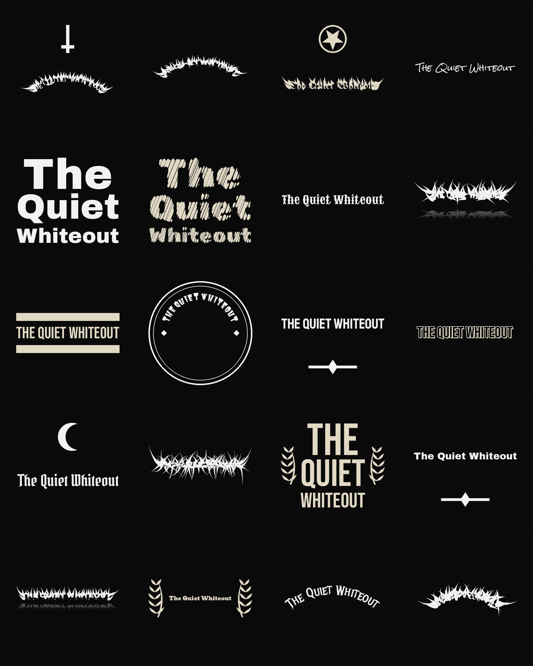Twenty The Quiet Whiteout band logo ideas — different faces, treatments and spike settings