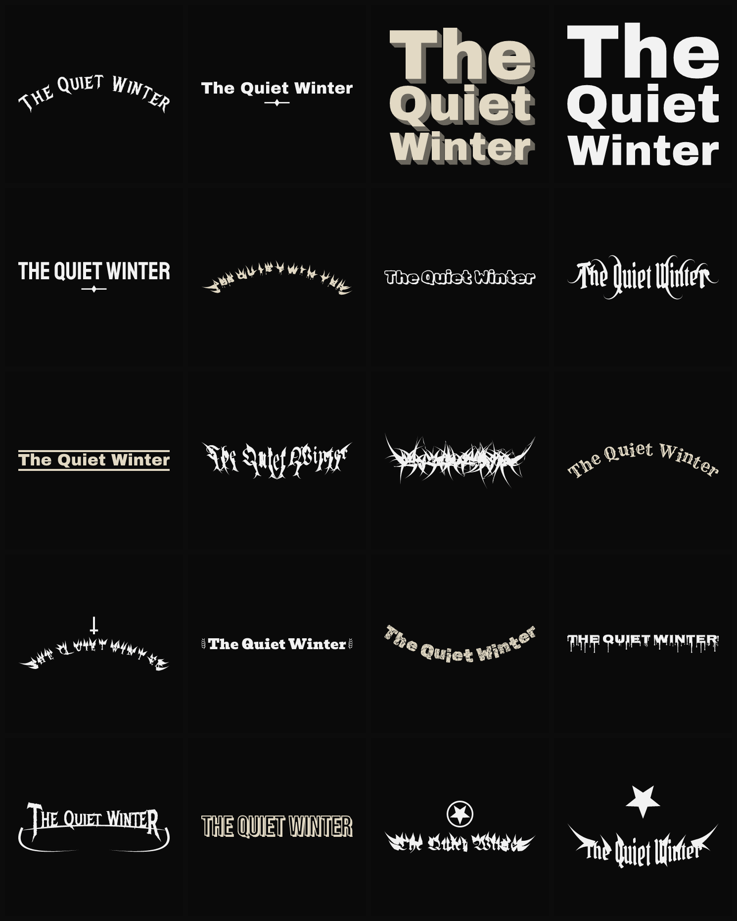Twenty The Quiet Winter band logo ideas — different faces, treatments and spike settings