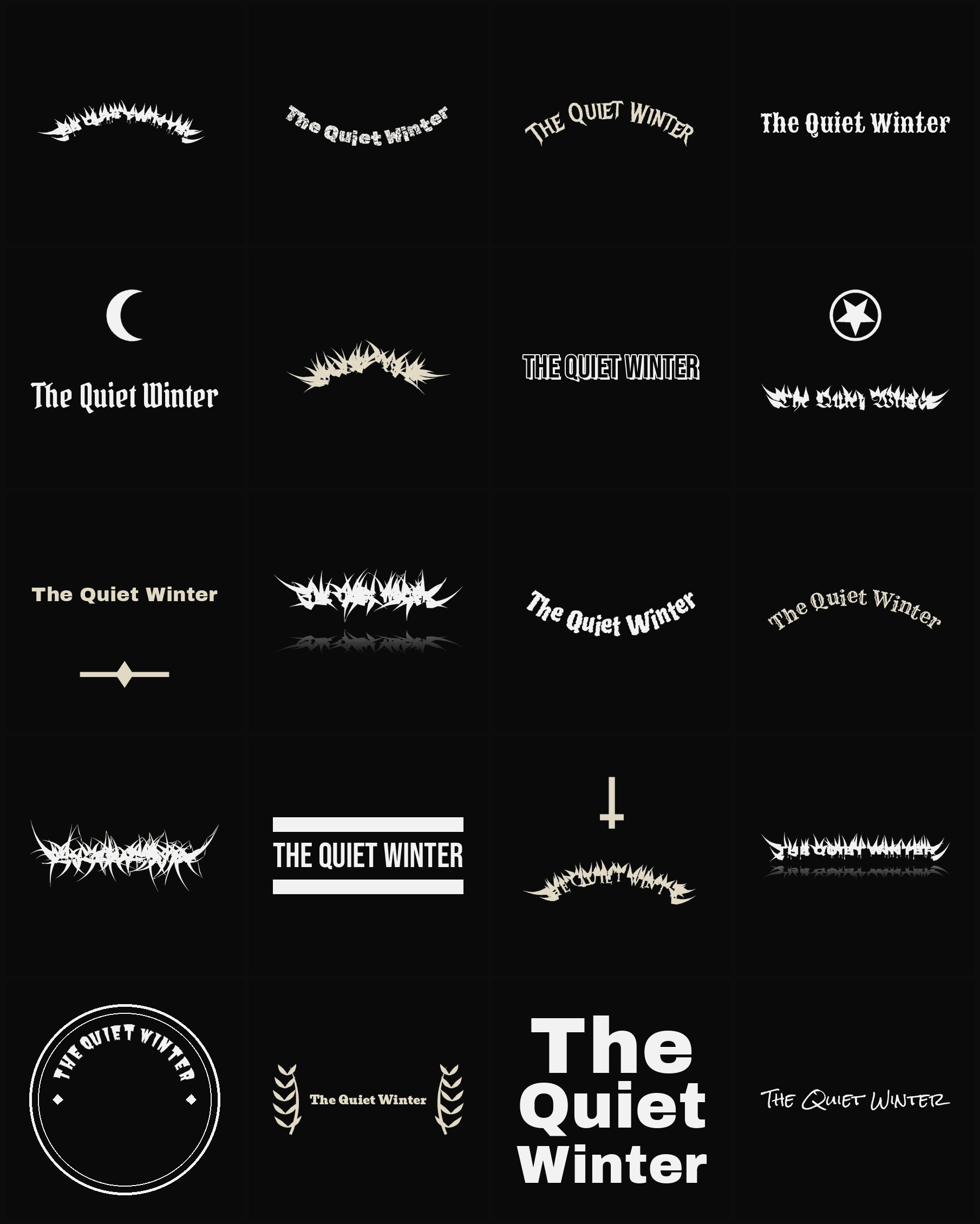 Twenty The Quiet Winter band logo ideas — different faces, treatments and spike settings