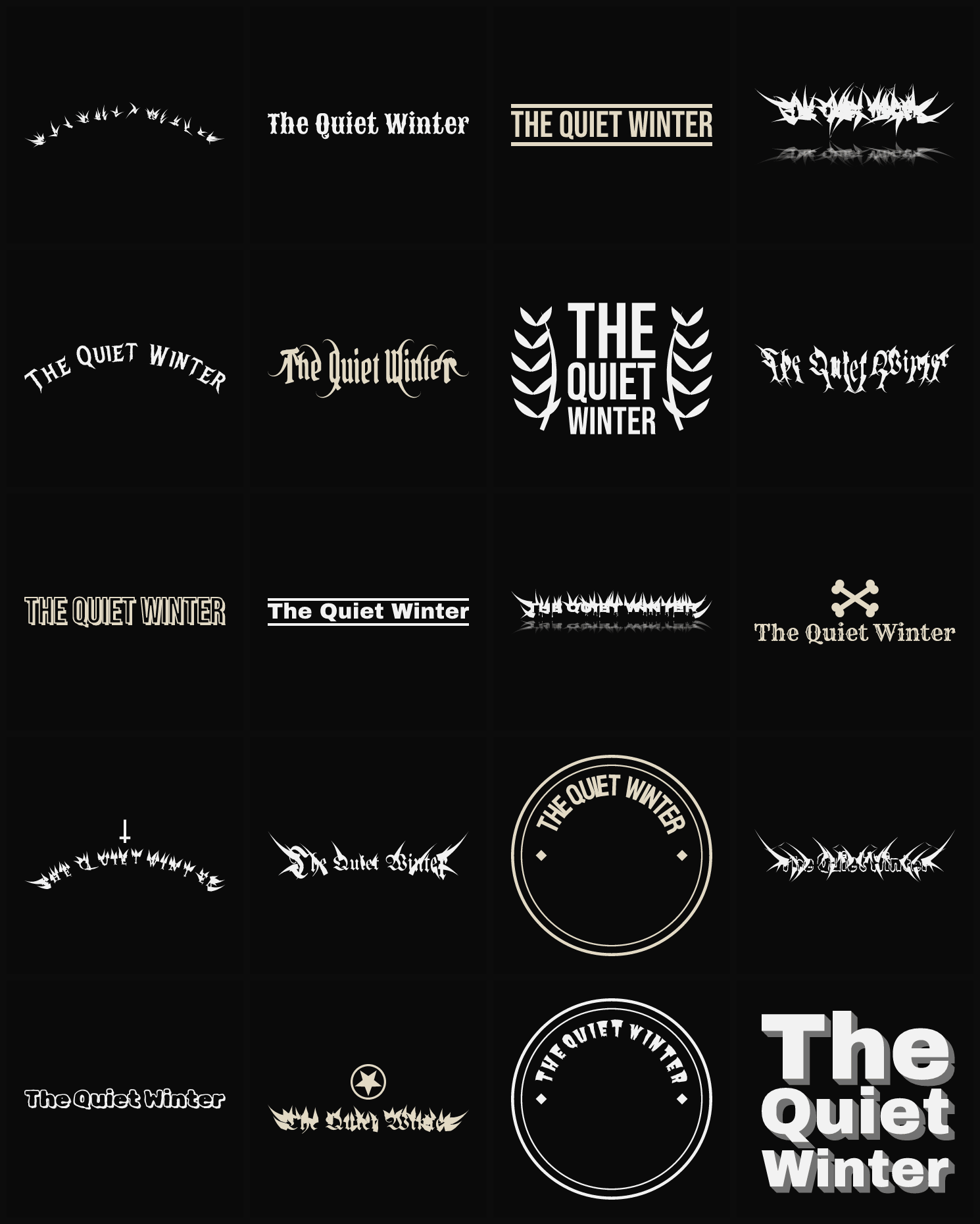 Twenty The Quiet Winter band logo ideas — different faces, treatments and spike settings