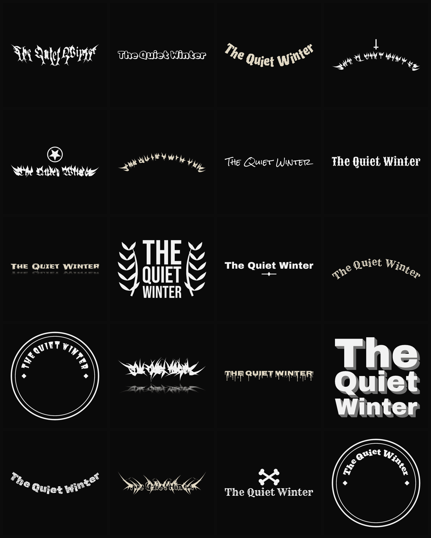 Twenty The Quiet Winter band logo ideas — different faces, treatments and spike settings