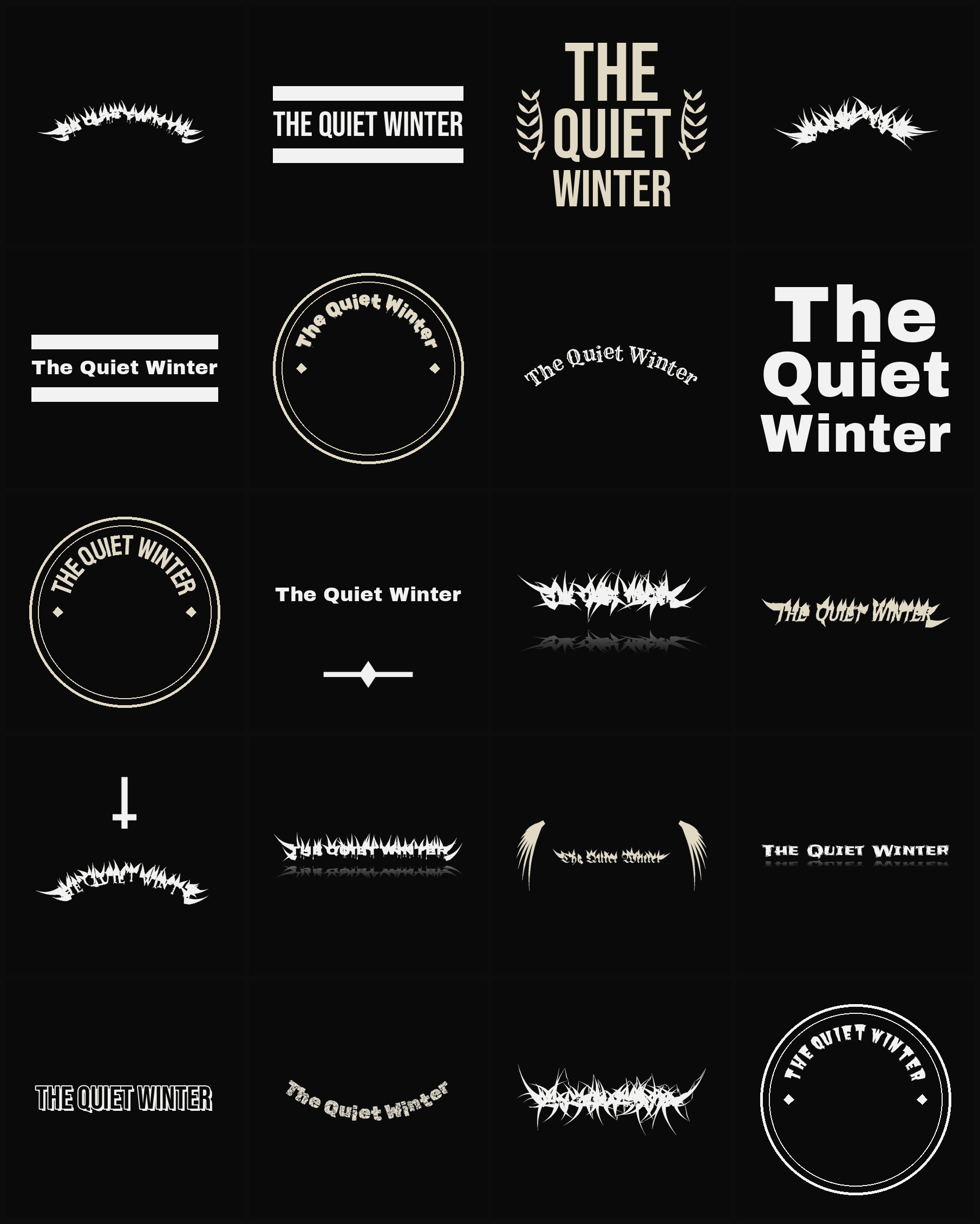 Twenty The Quiet Winter band logo ideas — different faces, treatments and spike settings
