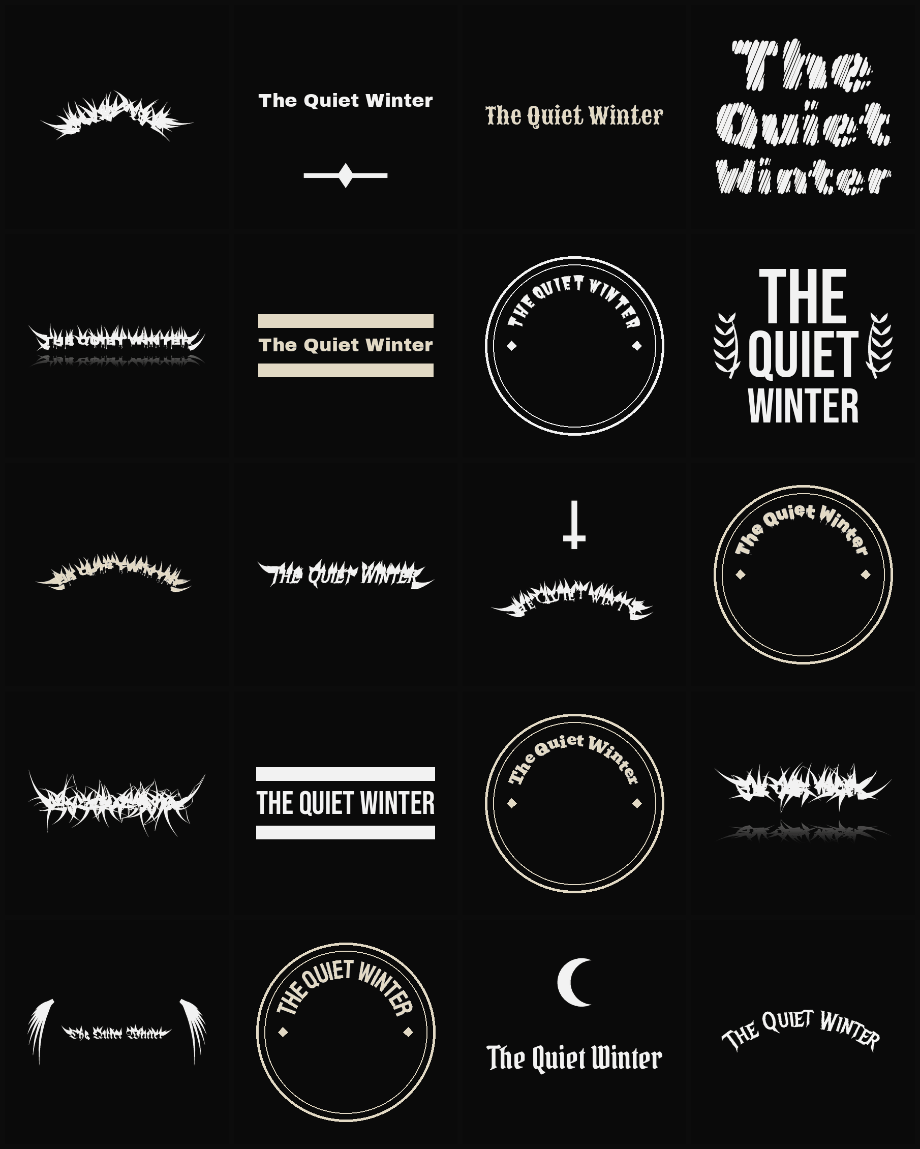 Twenty The Quiet Winter band logo ideas — different faces, treatments and spike settings