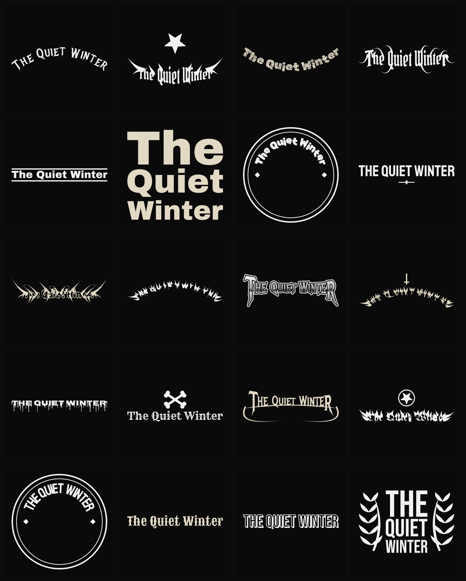 Twenty The Quiet Winter band logo ideas — different faces, treatments and spike settings
