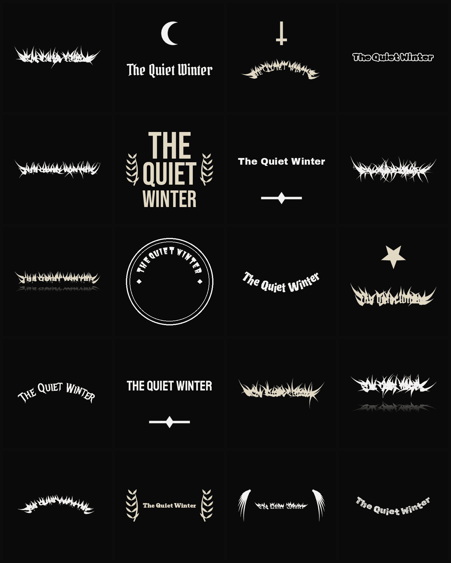 Twenty The Quiet Winter band logo ideas — different faces, treatments and spike settings
