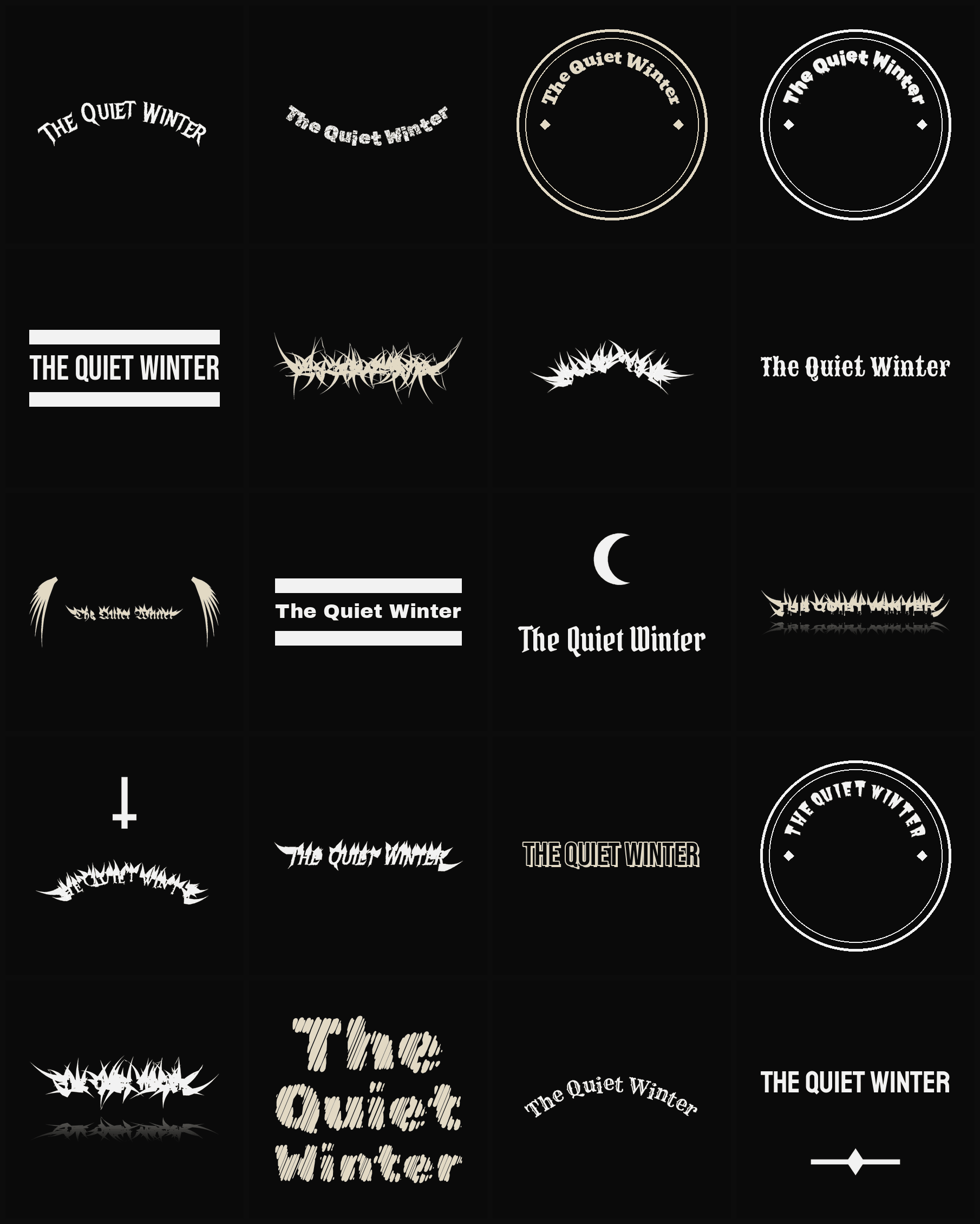 Twenty The Quiet Winter band logo ideas — different faces, treatments and spike settings