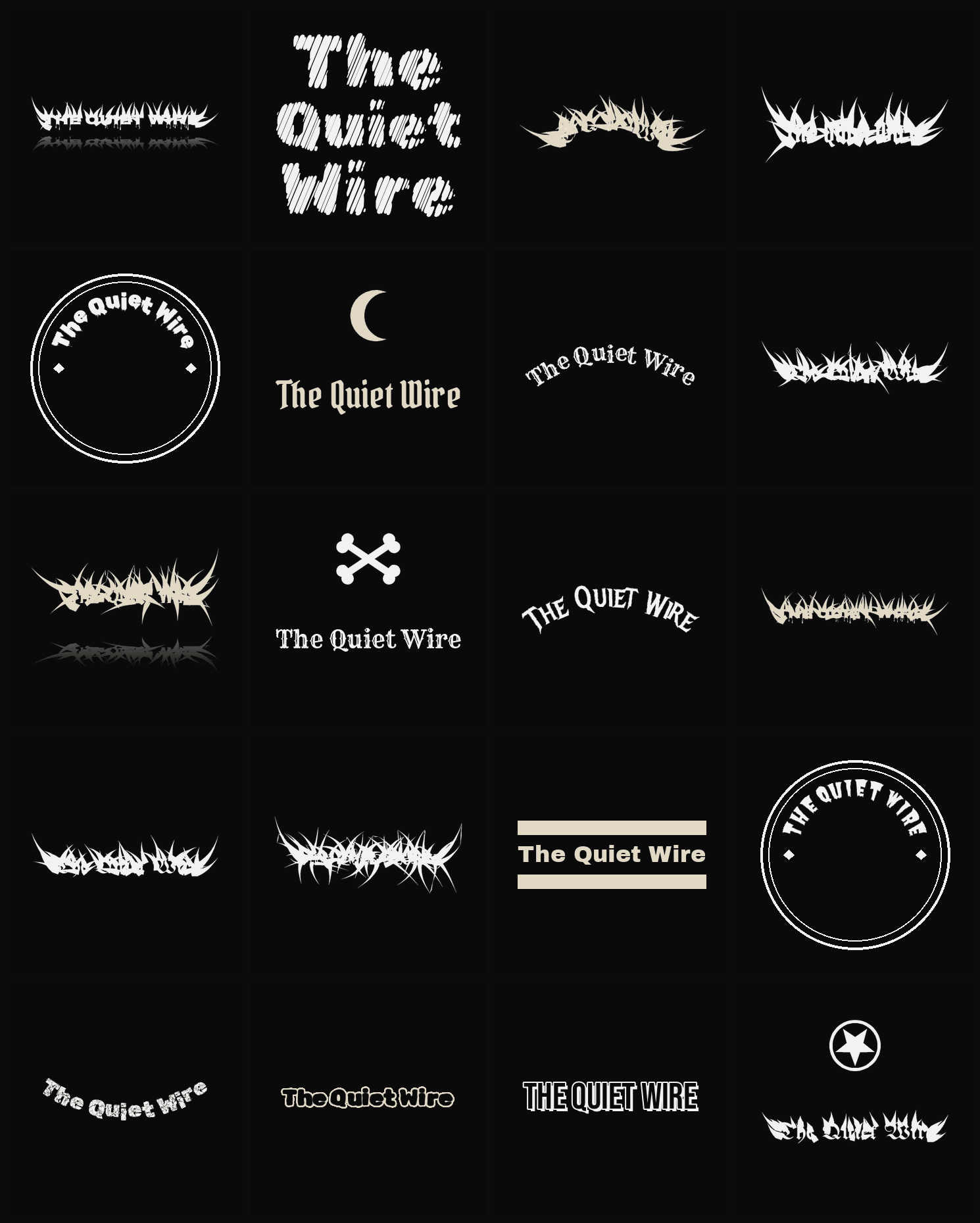 Twenty The Quiet Wire band logo ideas — different faces, treatments and spike settings