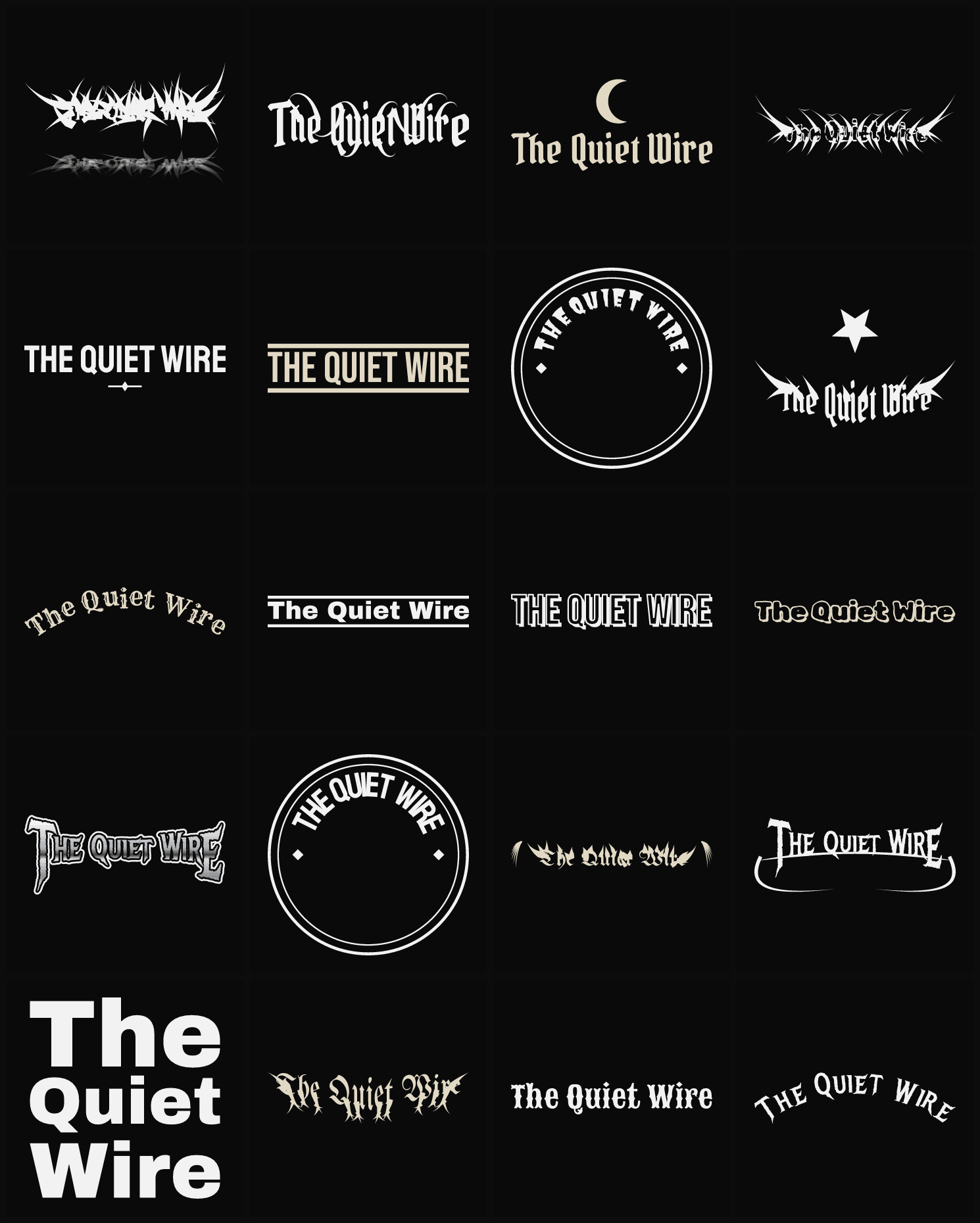 Twenty The Quiet Wire band logo ideas — different faces, treatments and spike settings
