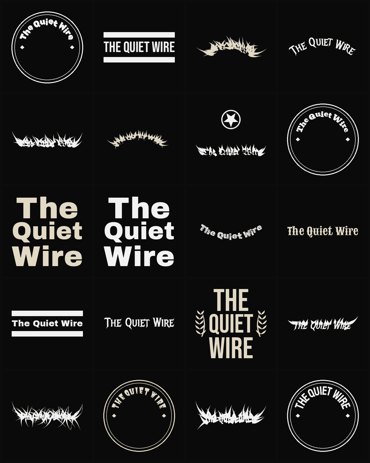 Twenty The Quiet Wire band logo ideas — different faces, treatments and spike settings