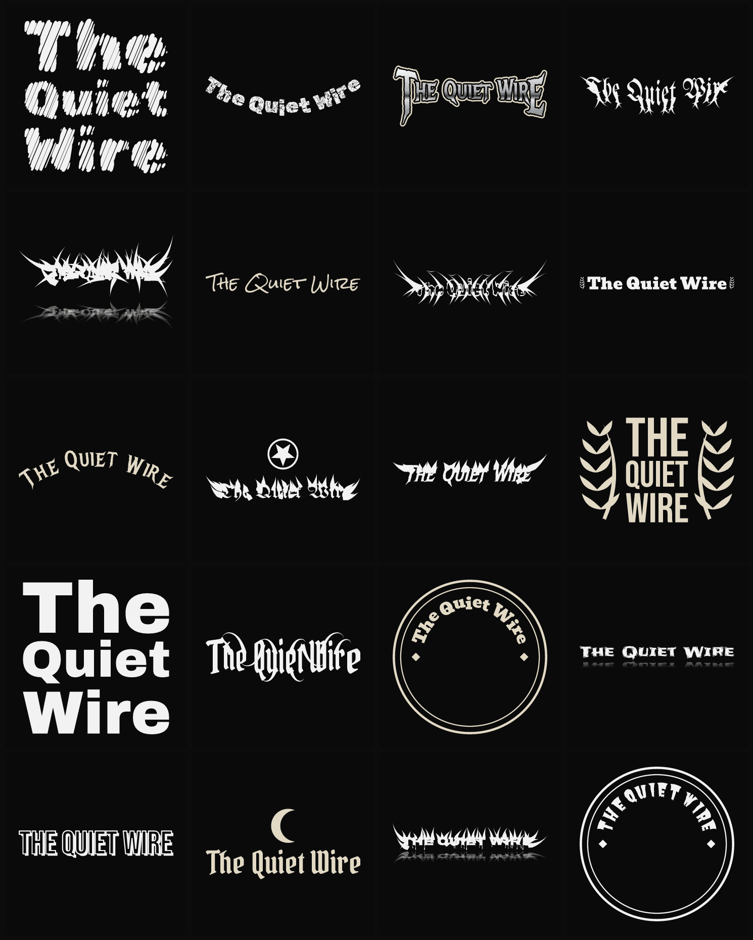 Twenty The Quiet Wire band logo ideas — different faces, treatments and spike settings