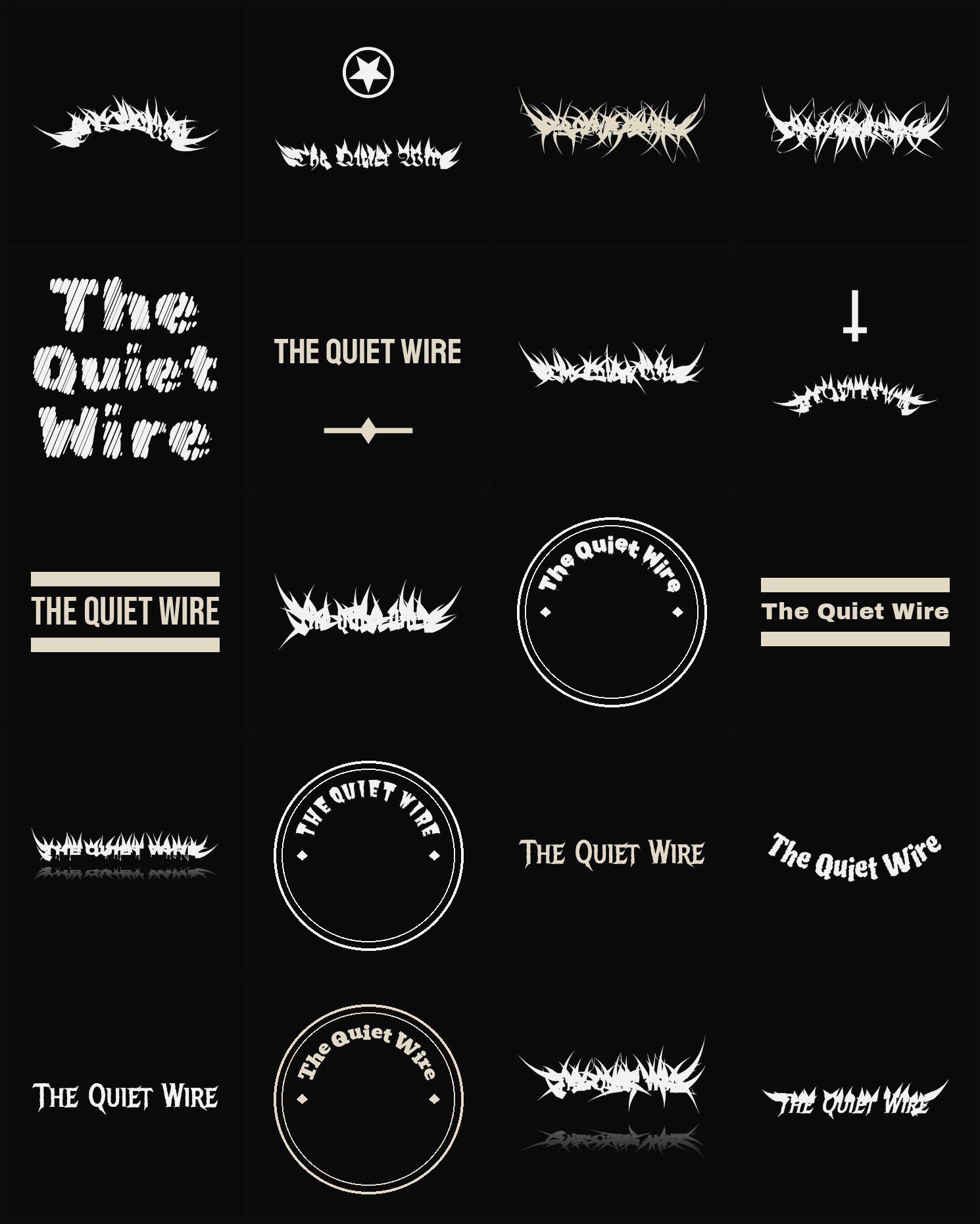 Twenty The Quiet Wire band logo ideas — different faces, treatments and spike settings