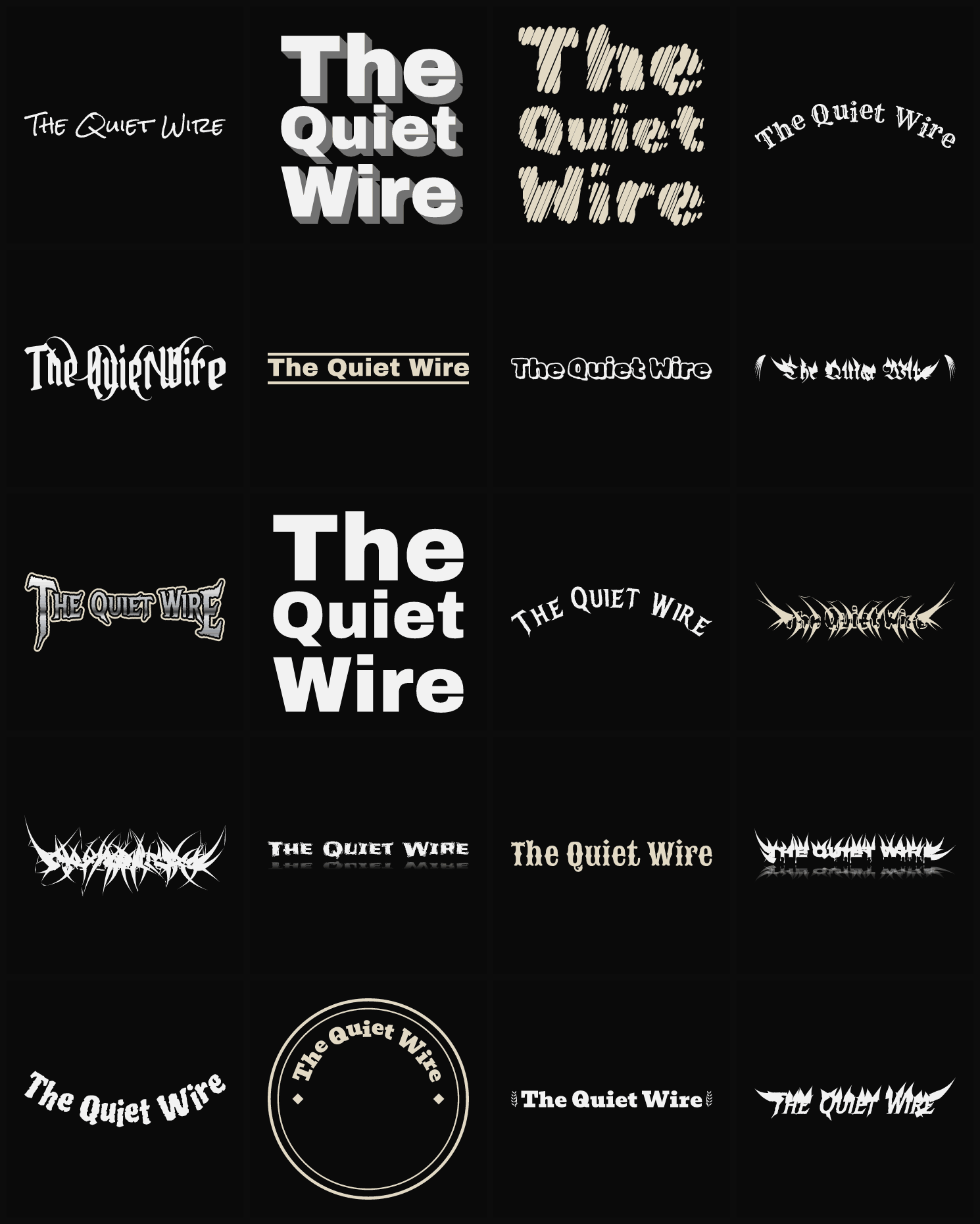 Twenty The Quiet Wire band logo ideas — different faces, treatments and spike settings
