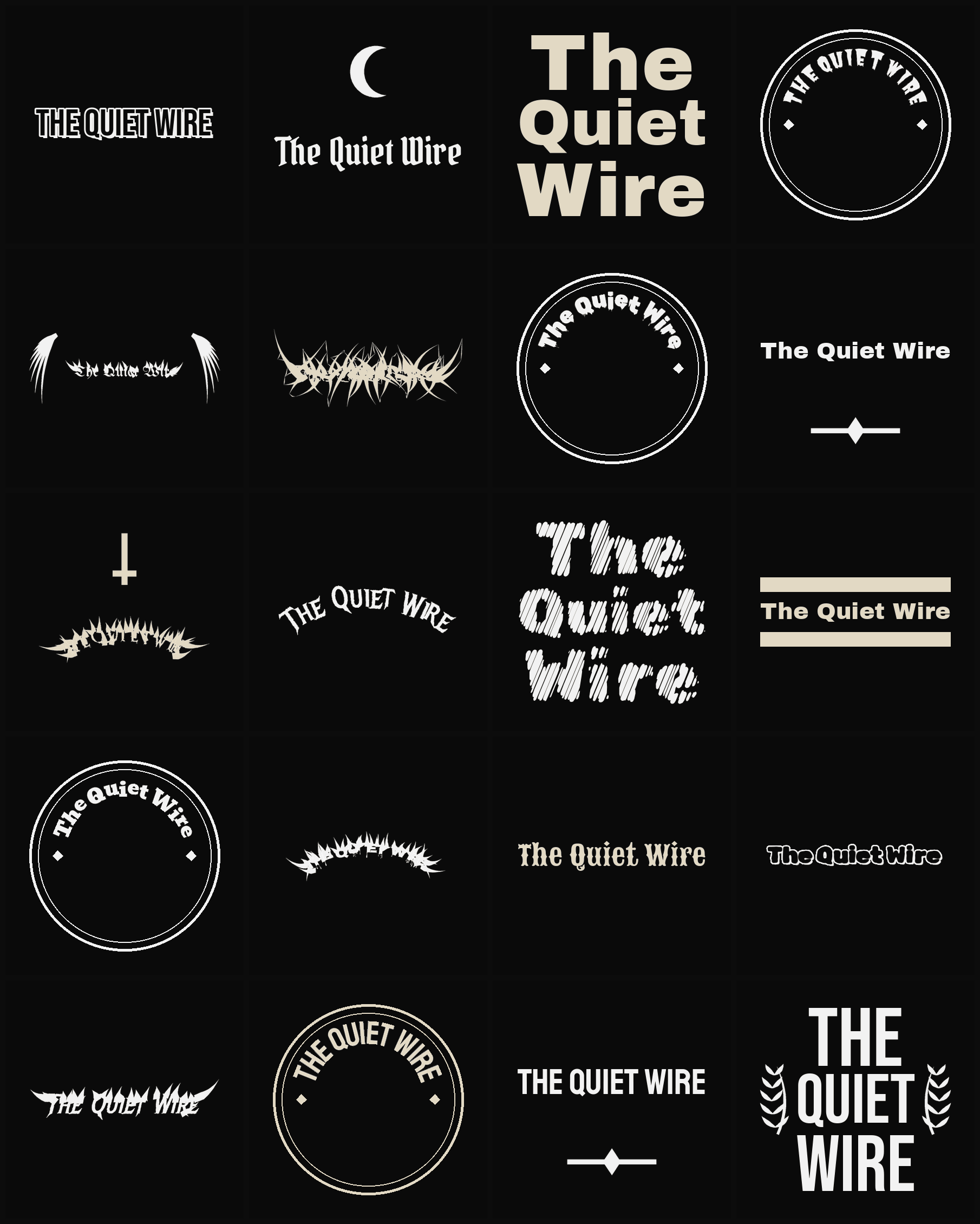 Twenty The Quiet Wire band logo ideas — different faces, treatments and spike settings
