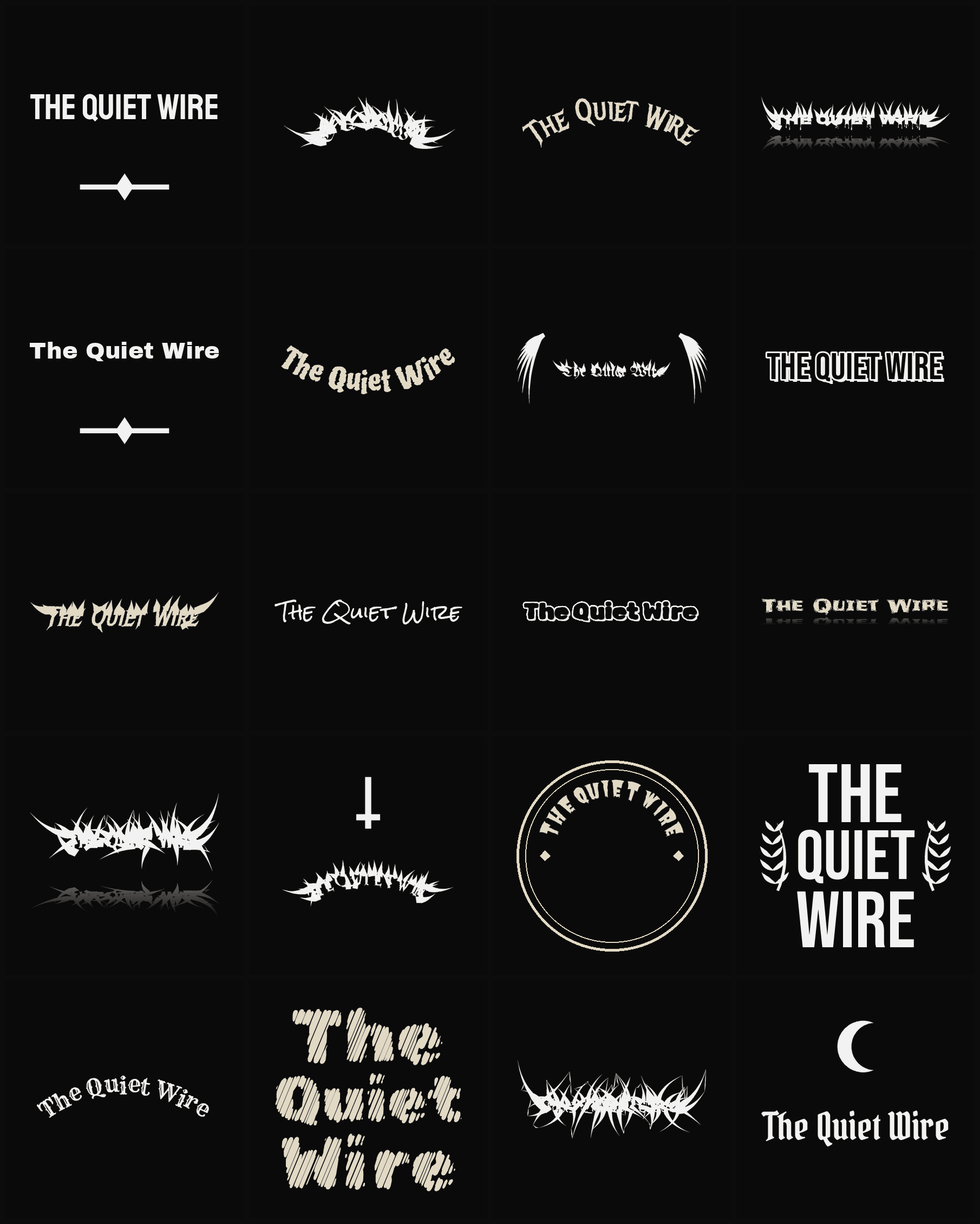 Twenty The Quiet Wire band logo ideas — different faces, treatments and spike settings