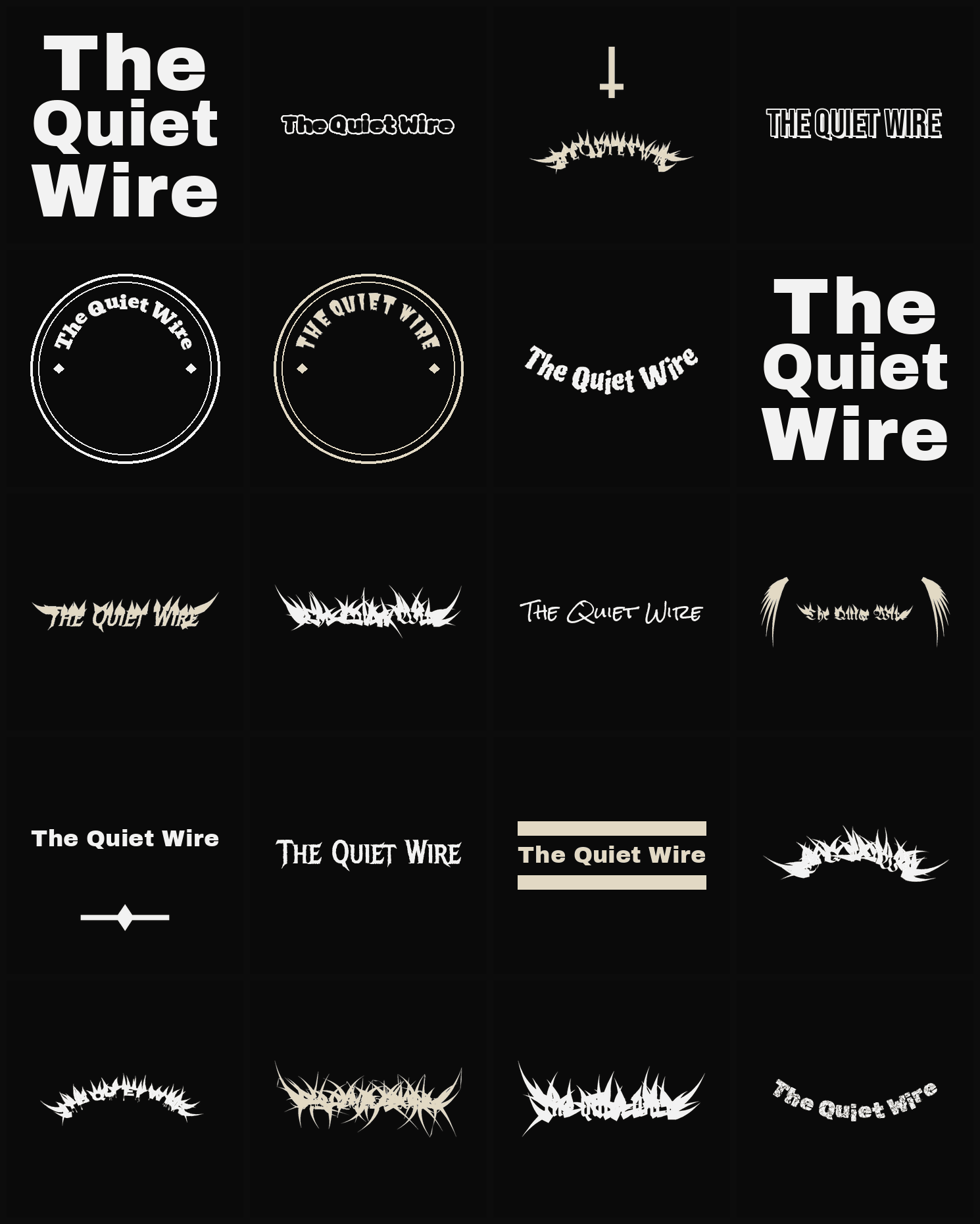 Twenty The Quiet Wire band logo ideas — different faces, treatments and spike settings