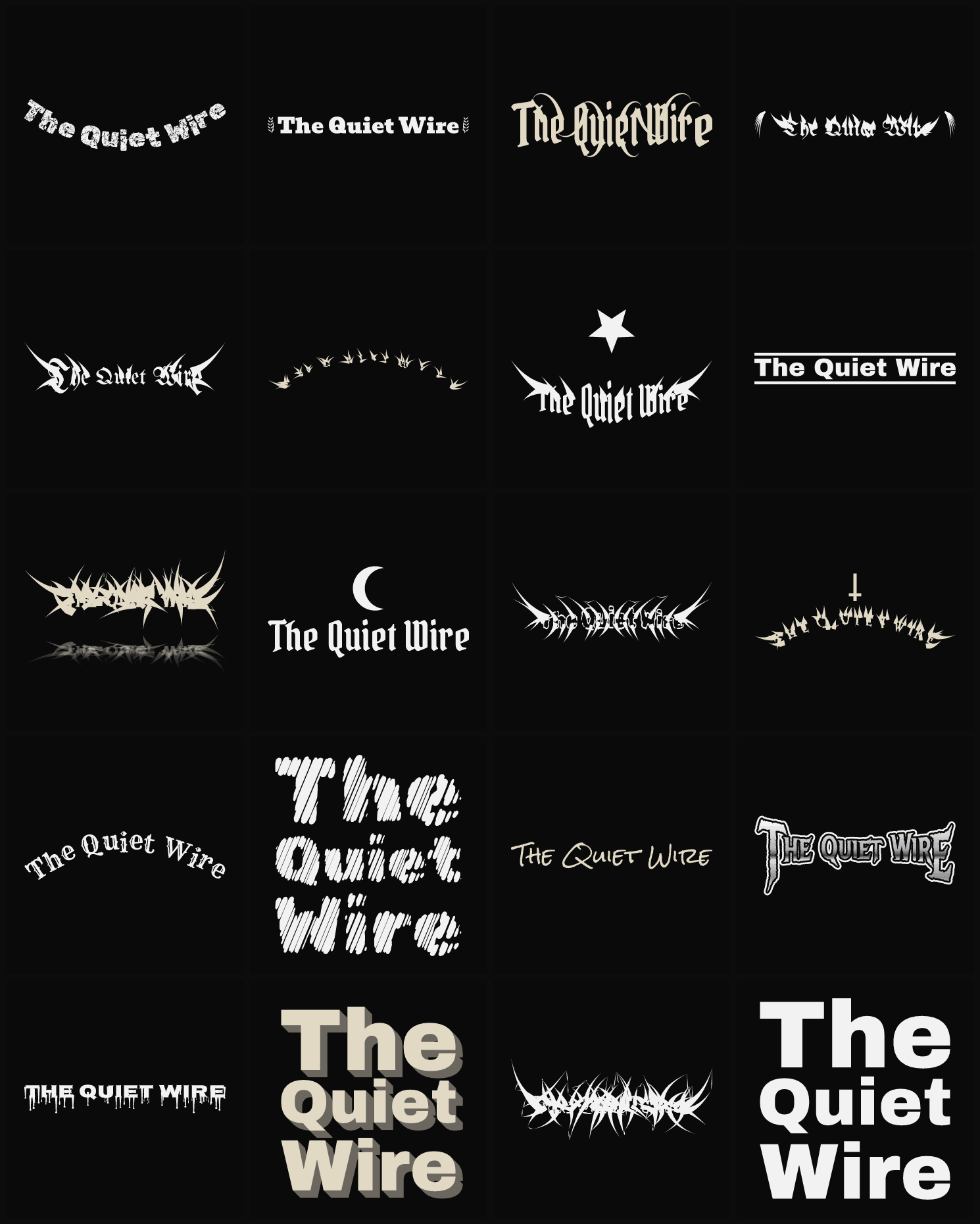 Twenty The Quiet Wire band logo ideas — different faces, treatments and spike settings