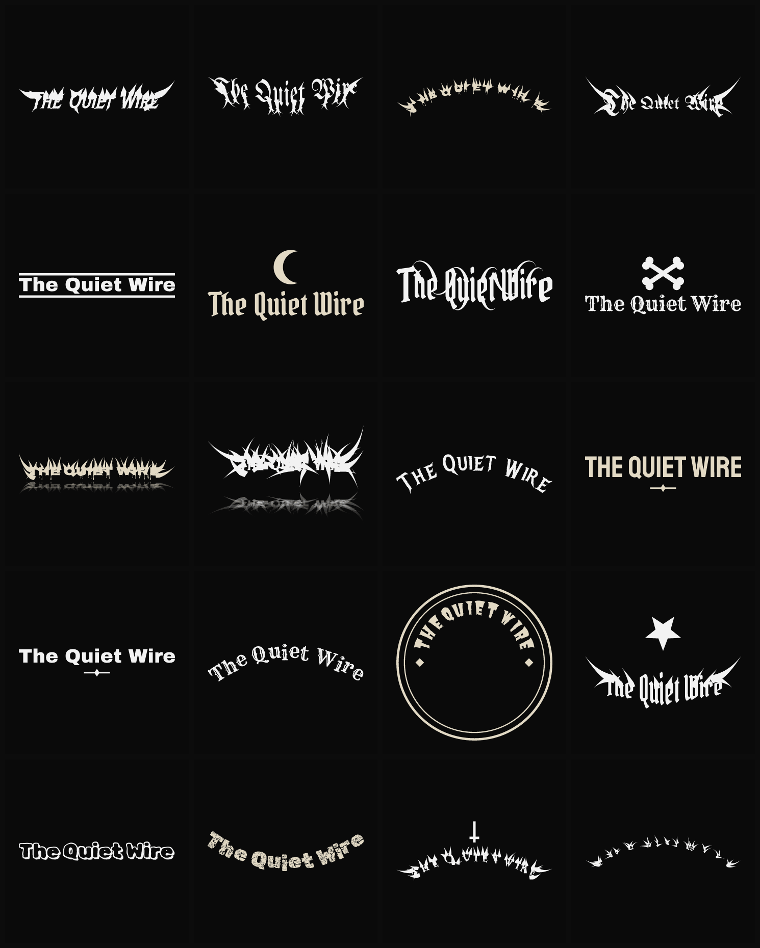 Twenty The Quiet Wire band logo ideas — different faces, treatments and spike settings