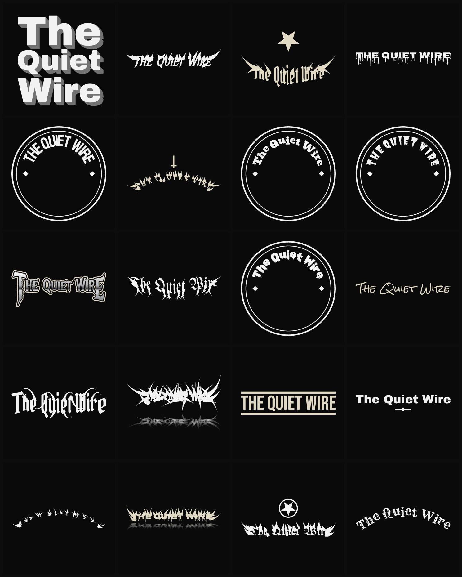 Twenty The Quiet Wire band logo ideas — different faces, treatments and spike settings