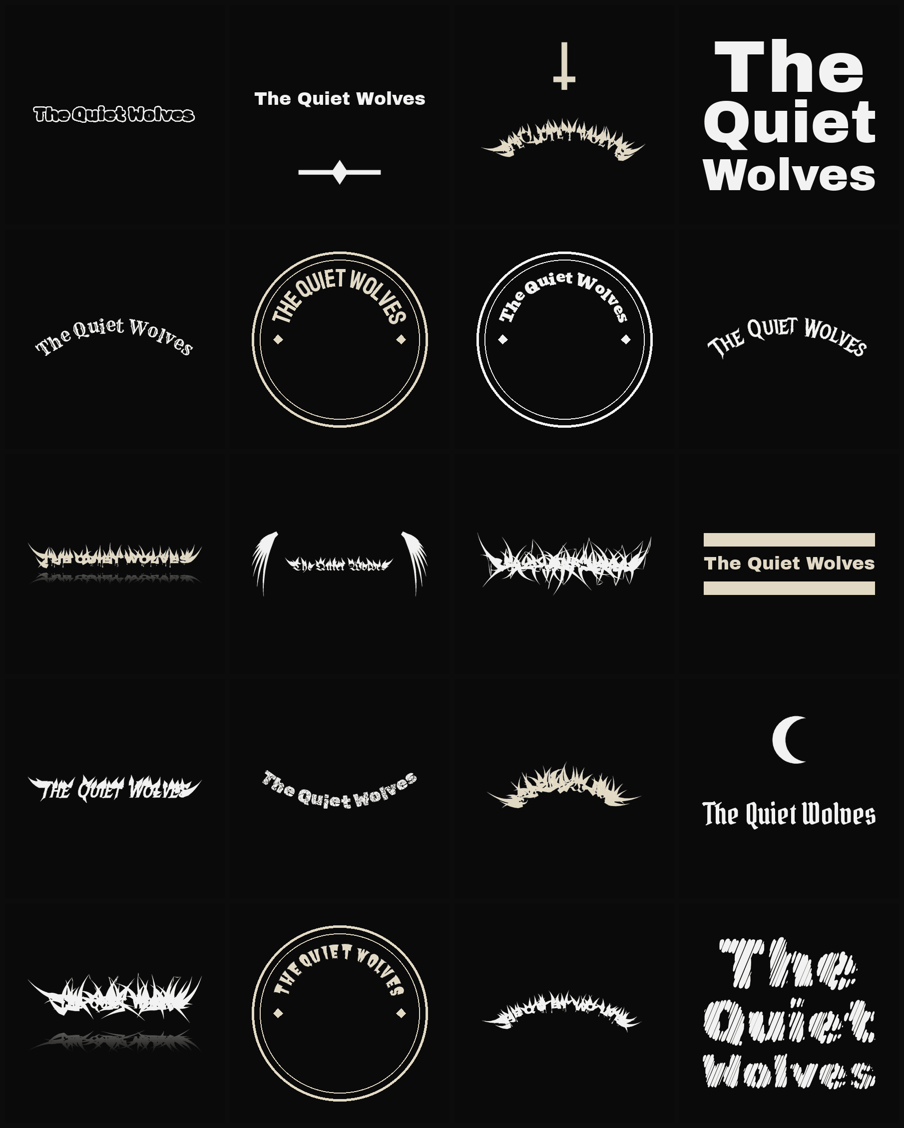 Twenty The Quiet Wolves band logo ideas — different faces, treatments and spike settings