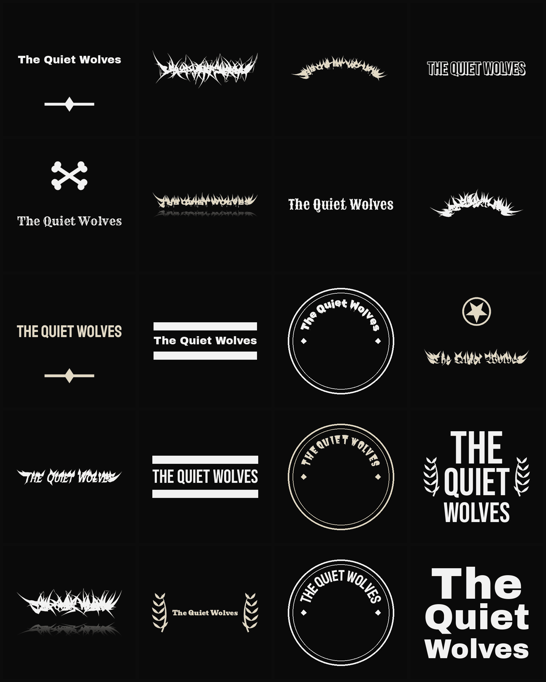 Twenty The Quiet Wolves band logo ideas — different faces, treatments and spike settings