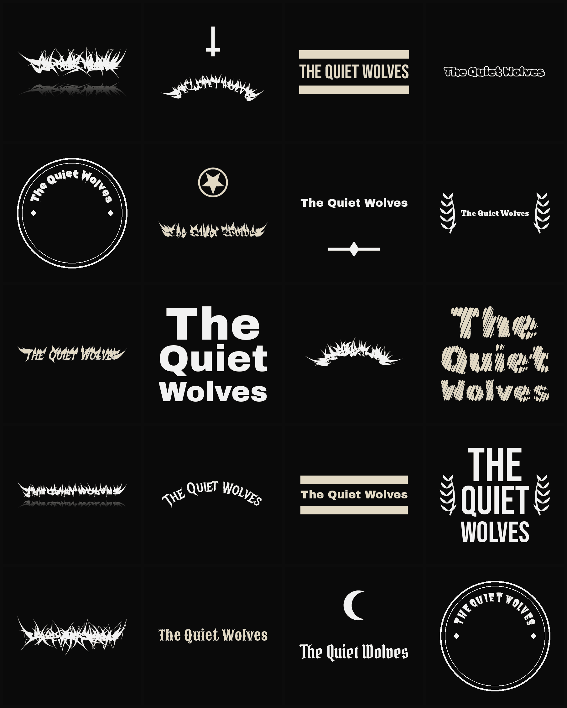 Twenty The Quiet Wolves band logo ideas — different faces, treatments and spike settings