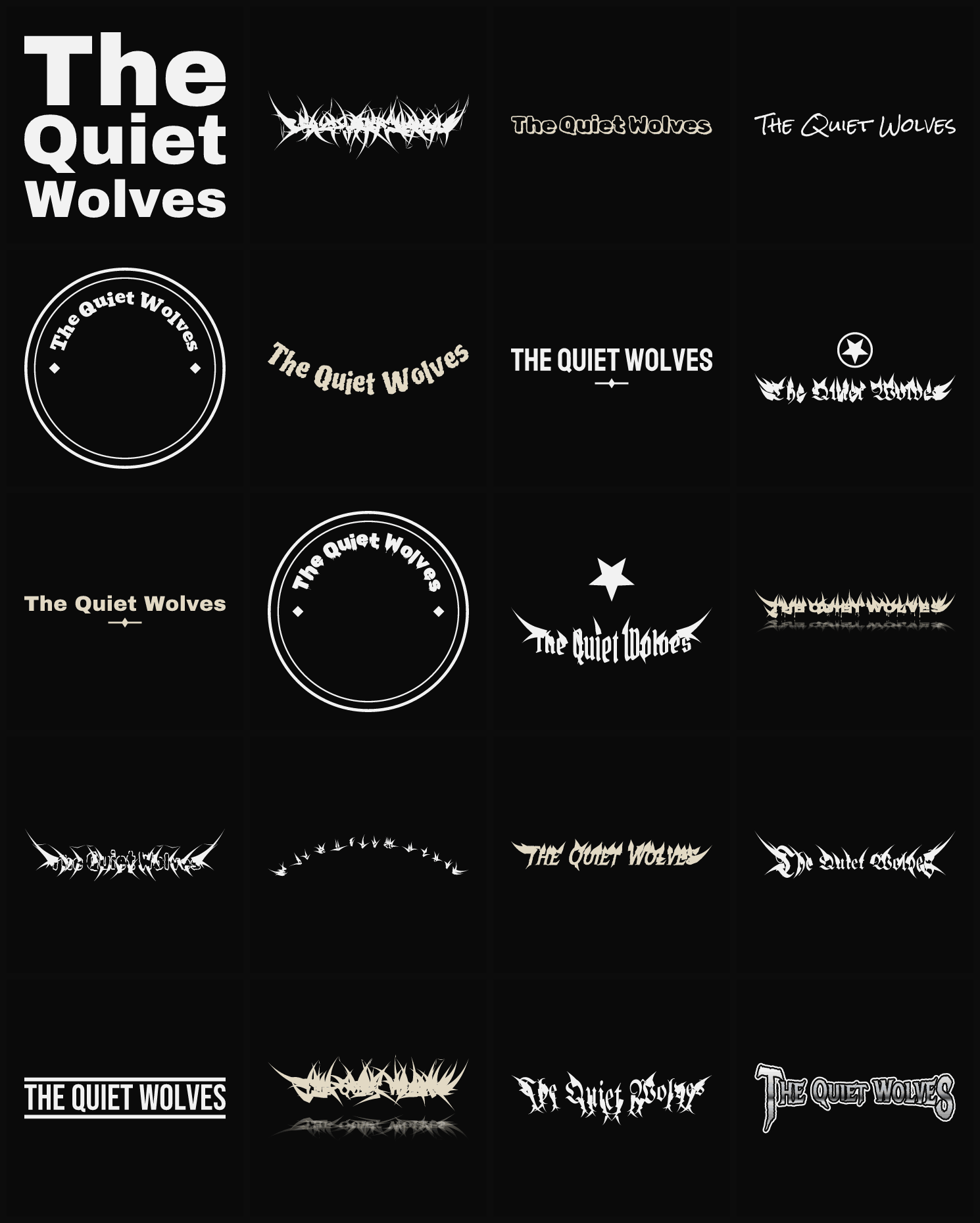 Twenty The Quiet Wolves band logo ideas — different faces, treatments and spike settings
