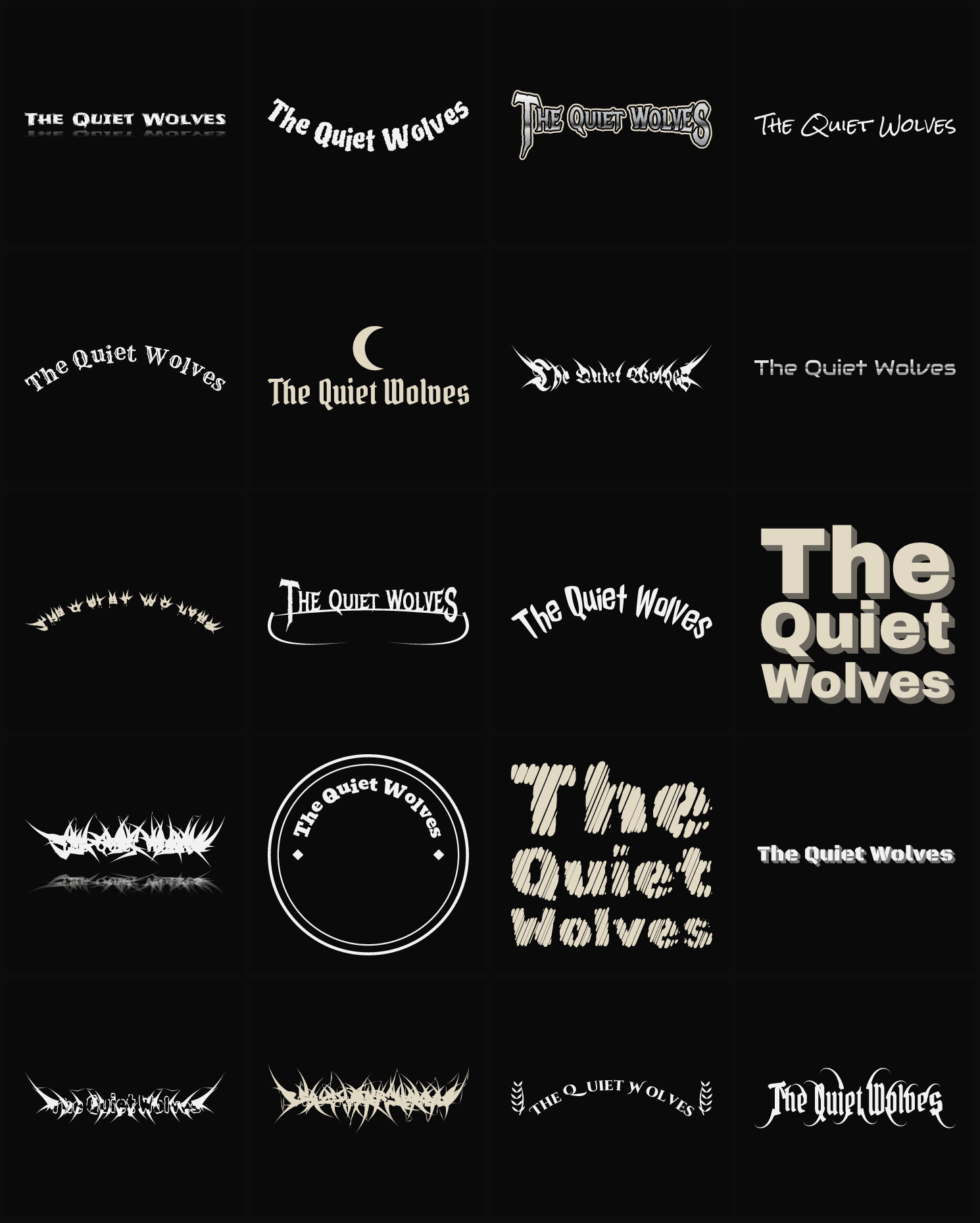 Twenty The Quiet Wolves band logo ideas — different faces, treatments and spike settings