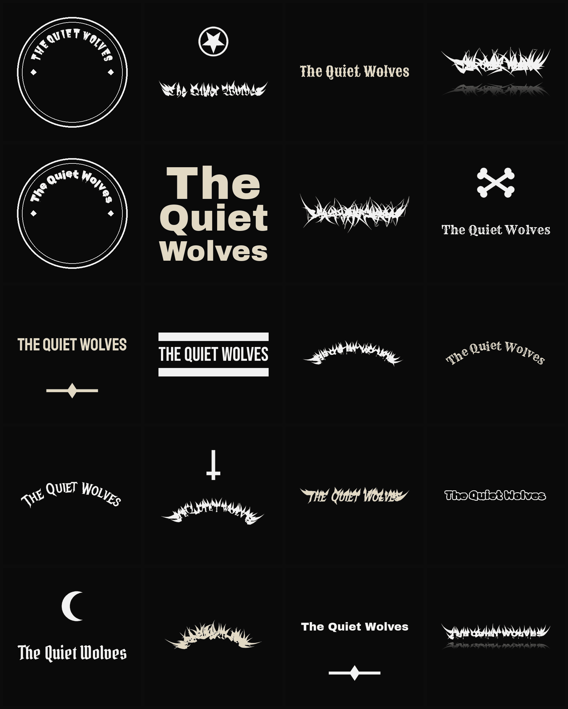 Twenty The Quiet Wolves band logo ideas — different faces, treatments and spike settings