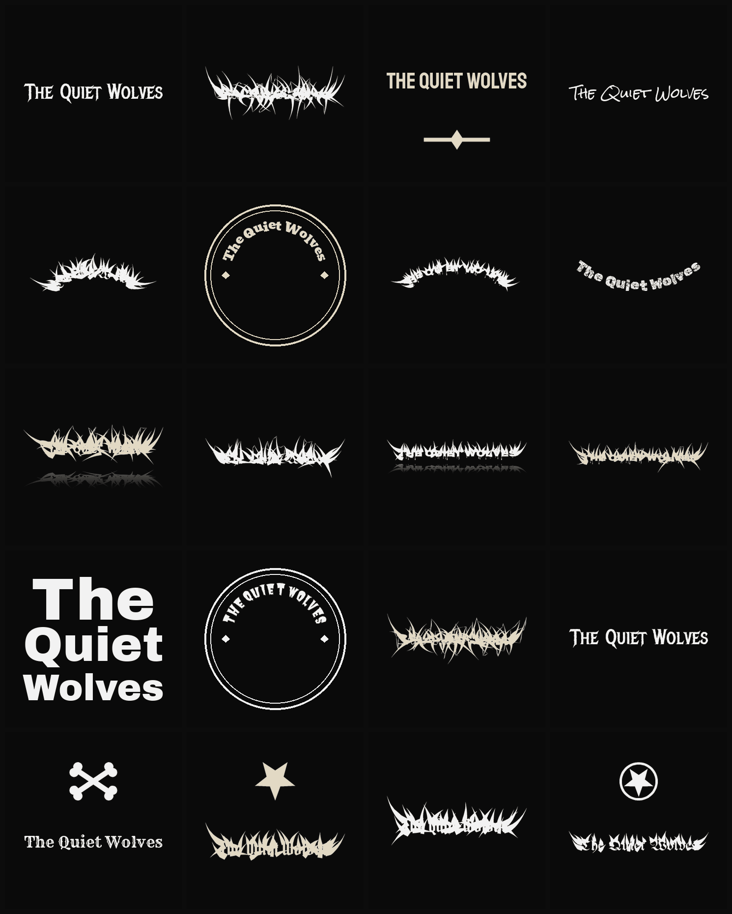 Twenty The Quiet Wolves band logo ideas — different faces, treatments and spike settings
