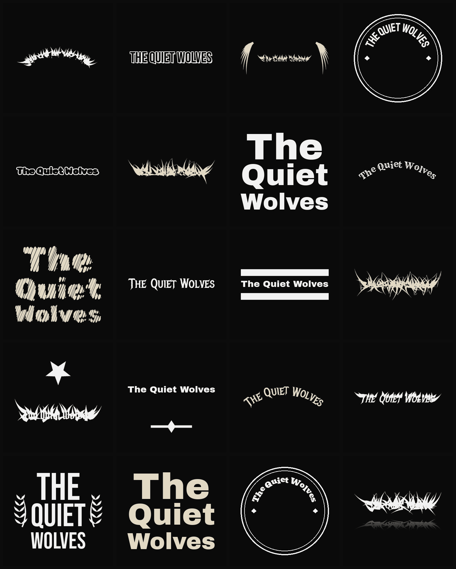 Twenty The Quiet Wolves band logo ideas — different faces, treatments and spike settings
