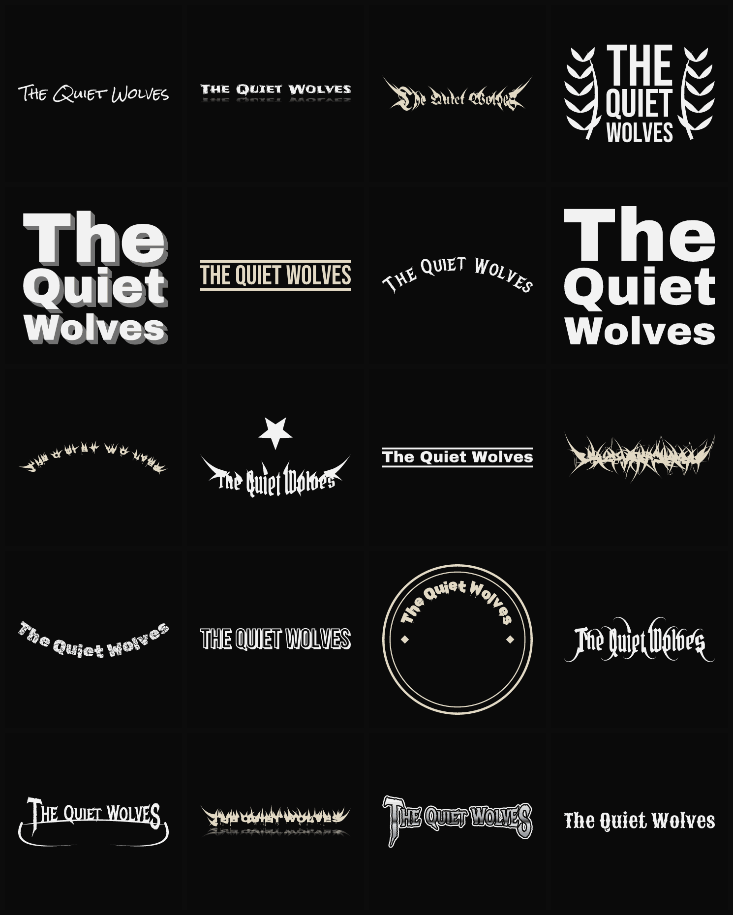Twenty The Quiet Wolves band logo ideas — different faces, treatments and spike settings