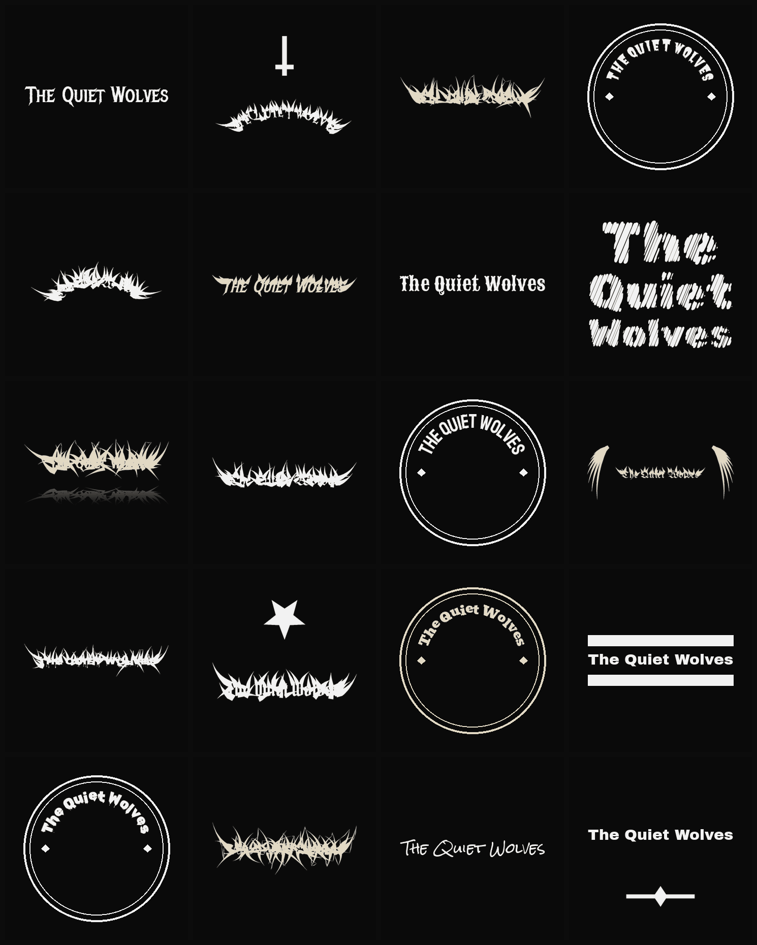 Twenty The Quiet Wolves band logo ideas — different faces, treatments and spike settings