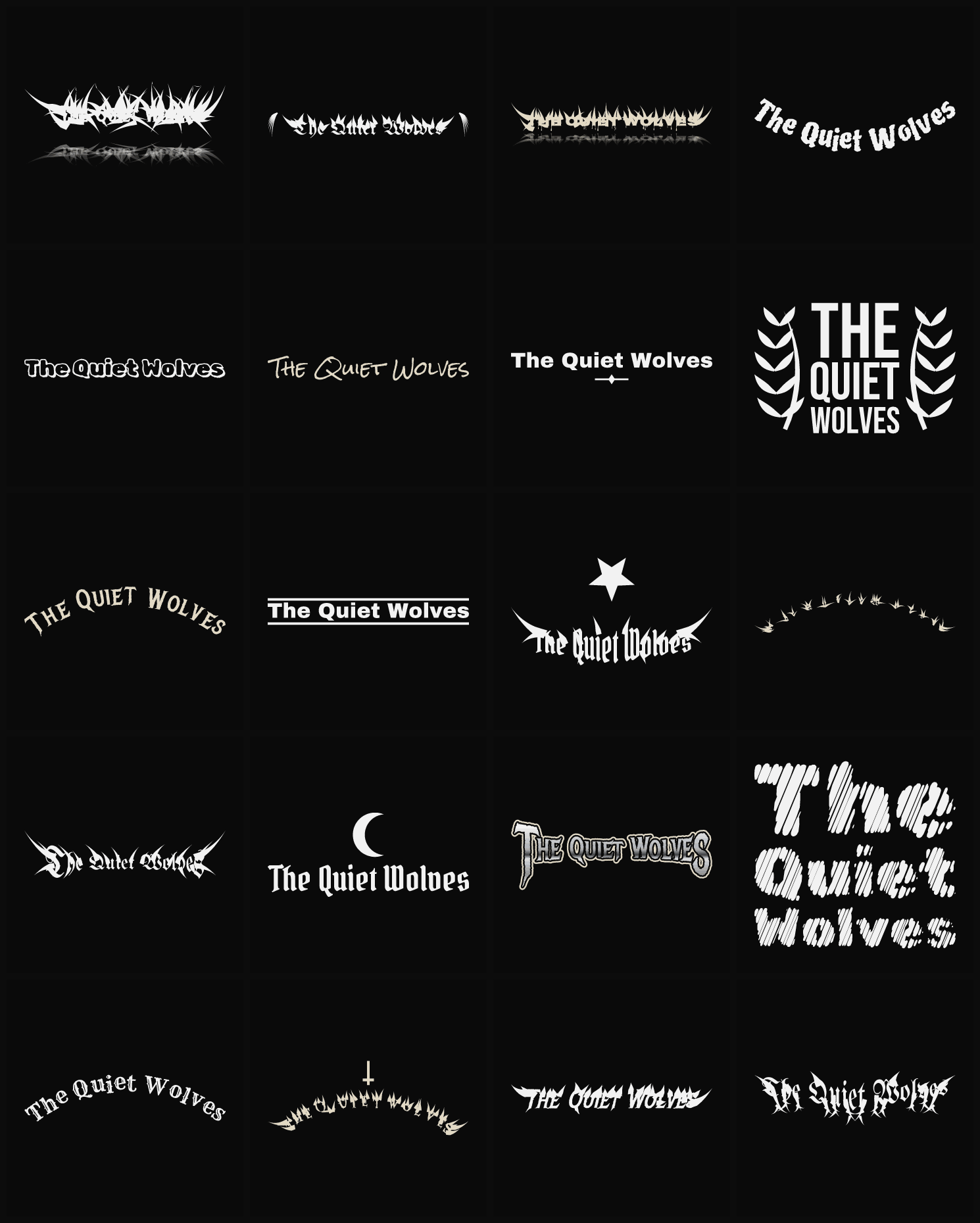 Twenty The Quiet Wolves band logo ideas — different faces, treatments and spike settings