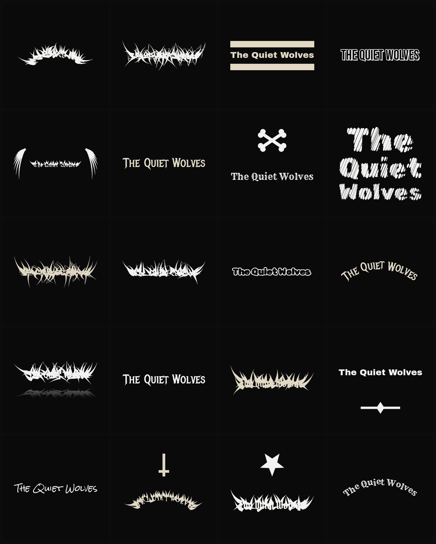 Twenty The Quiet Wolves band logo ideas — different faces, treatments and spike settings
